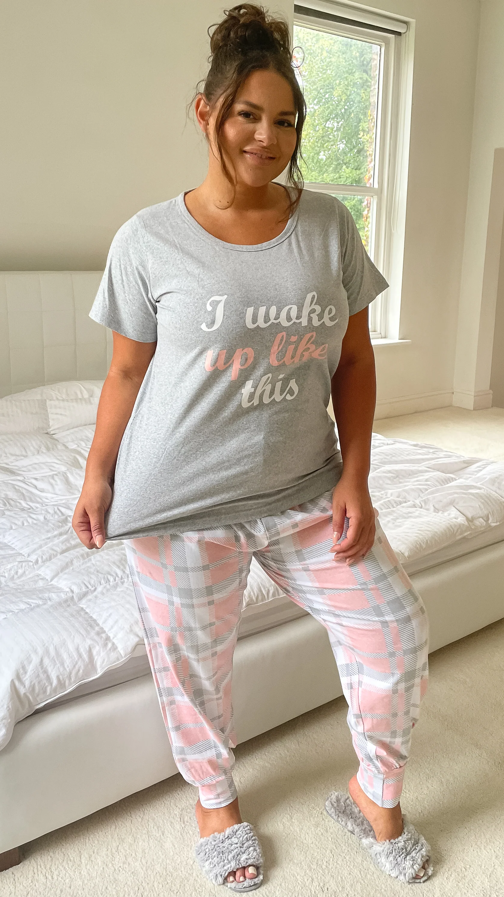 CurveWow Grey Short Sleeve Slogan PJ Set - Image 5