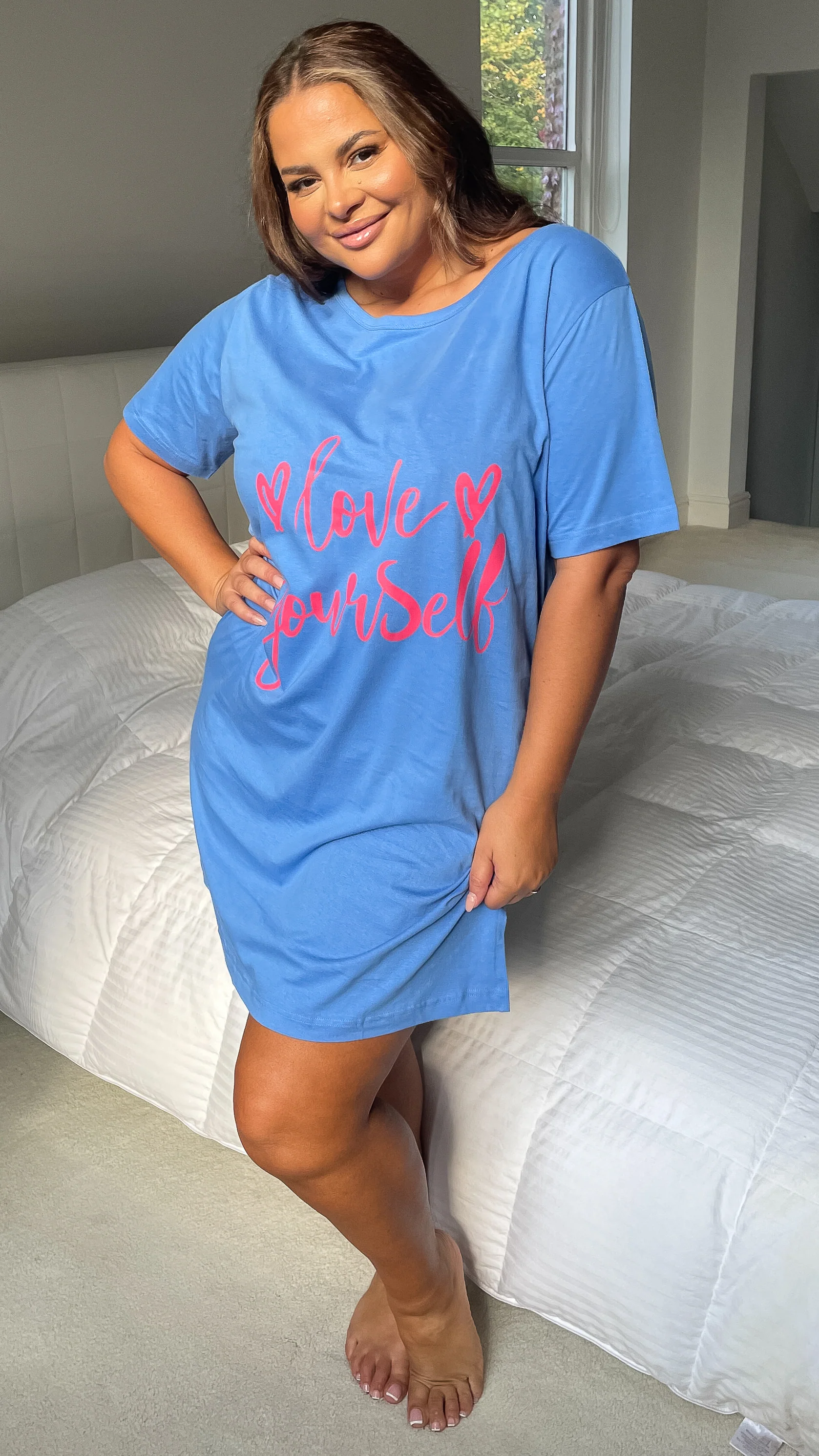 CurveWow Short Sleeve Slogan Nightdress Light Blue