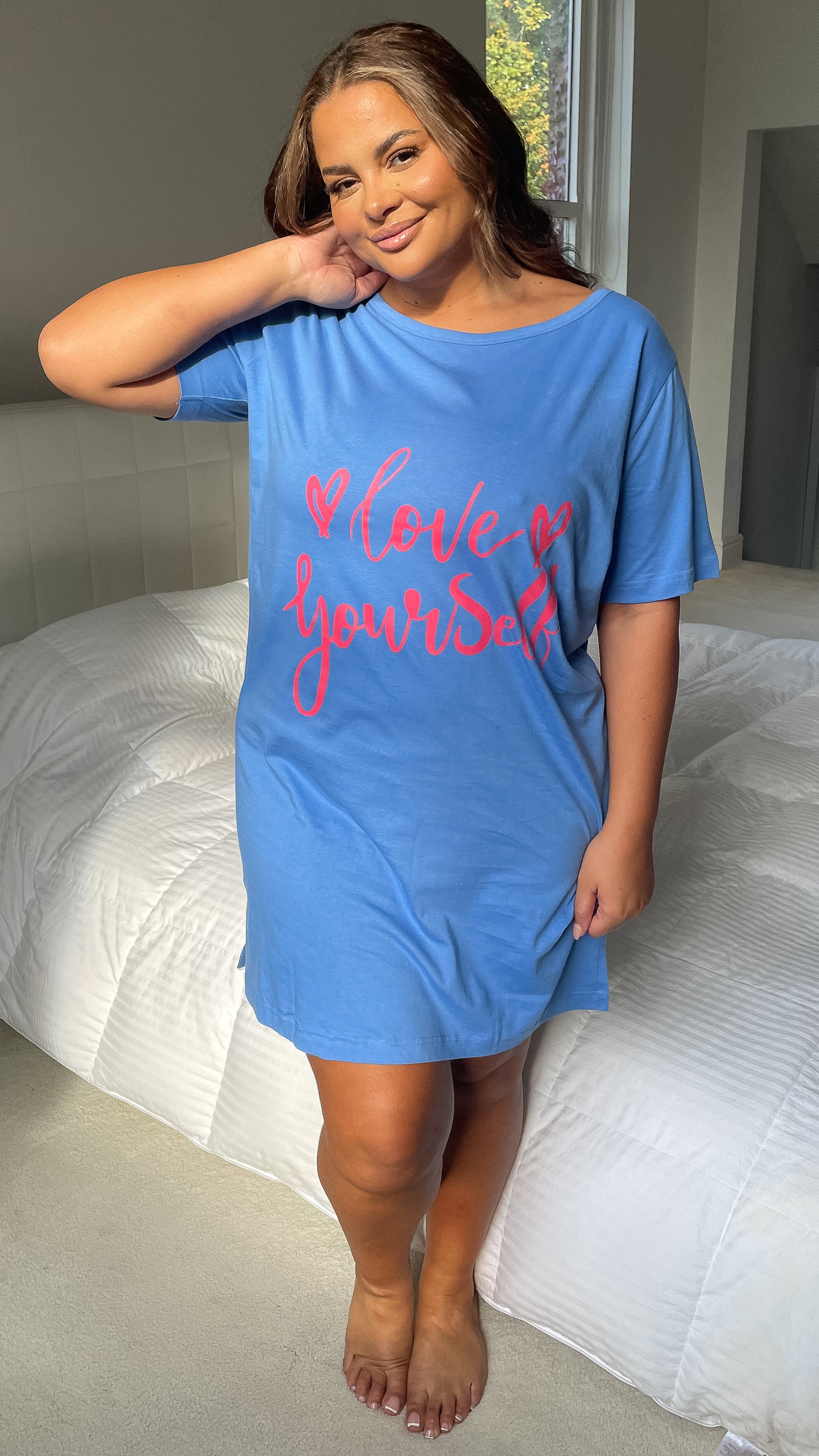 CurveWow Short Sleeve Slogan Nightdress Light Blue - Image 2