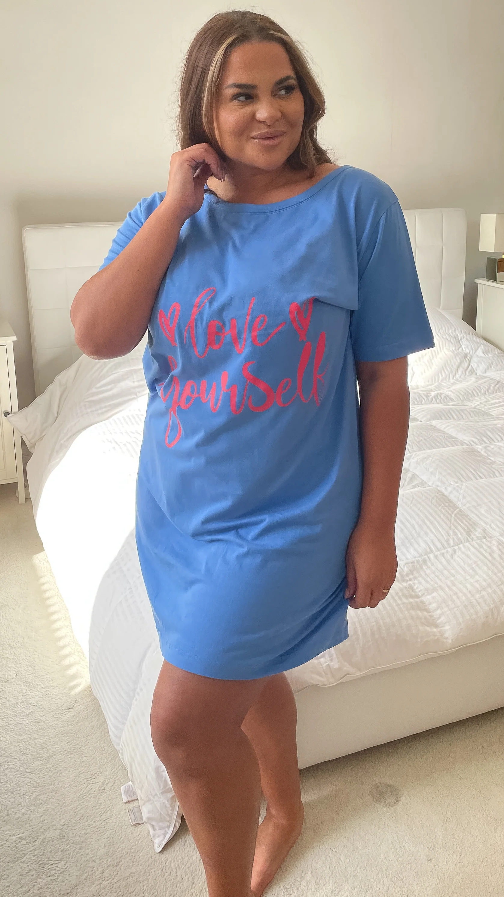 CurveWow Short Sleeve Slogan Nightdress Light Blue - Image 3
