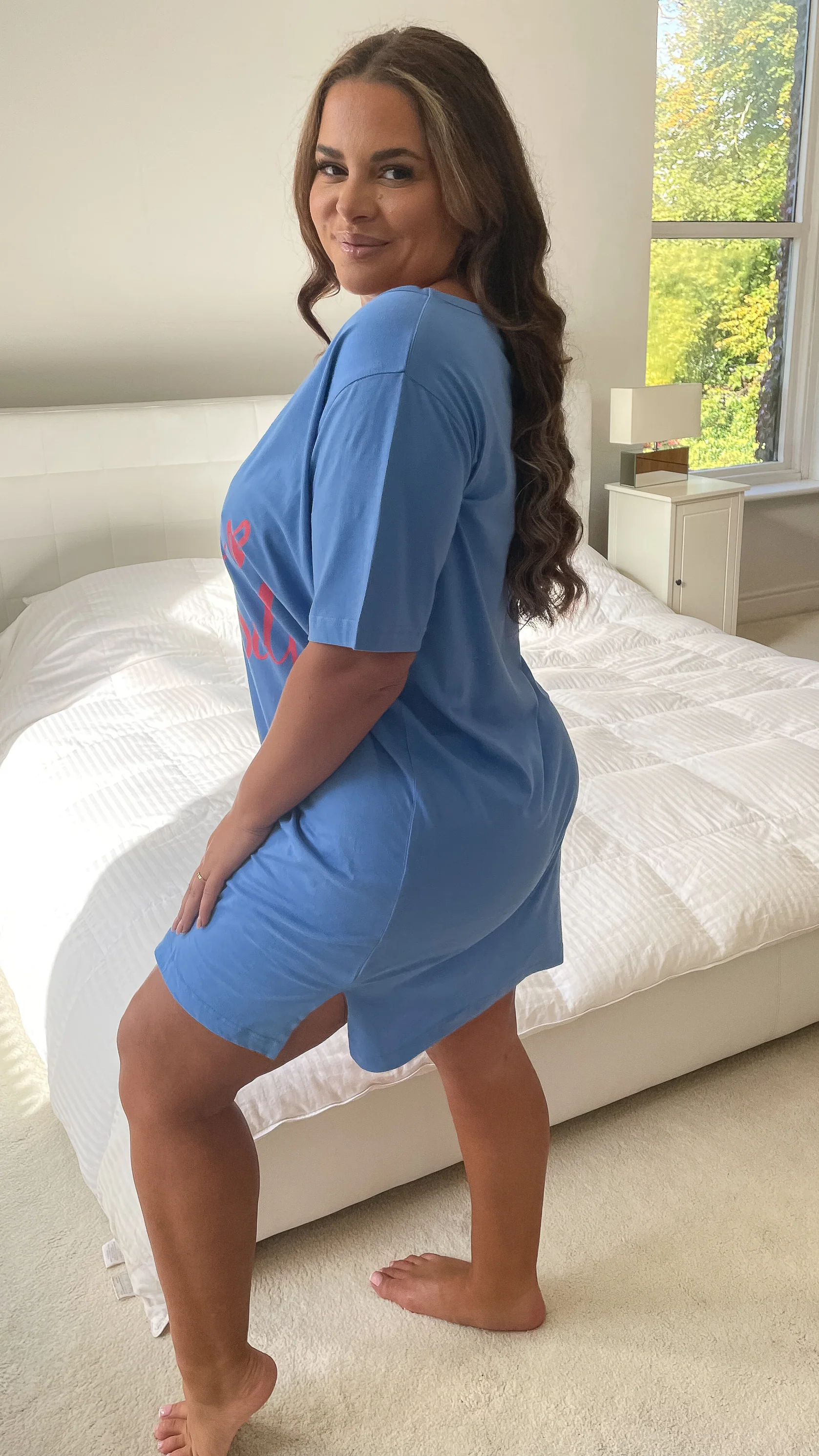 CurveWow Short Sleeve Slogan Nightdress Light Blue - Image 5