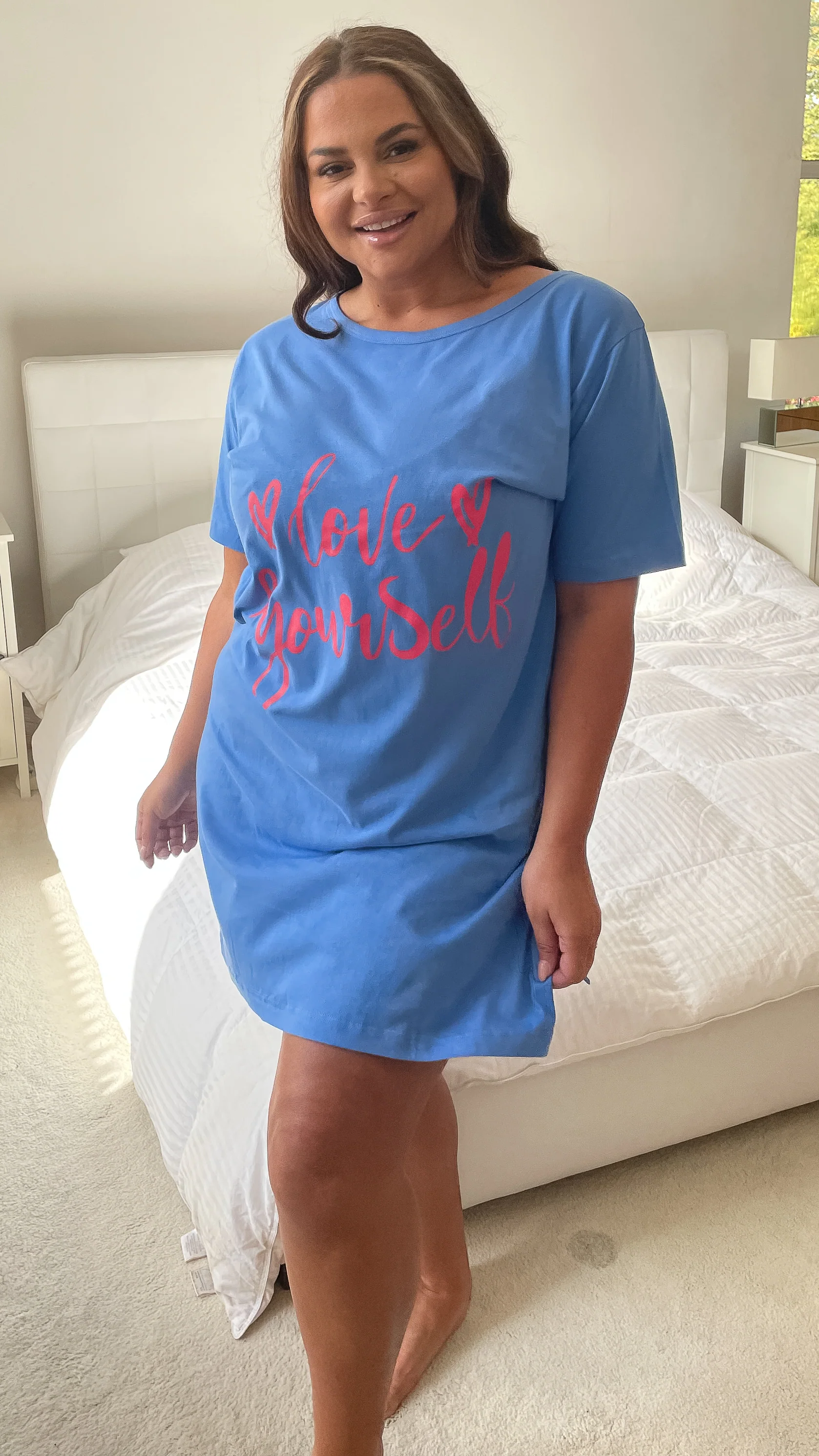 CurveWow Short Sleeve Slogan Nightdress Light Blue - Image 6