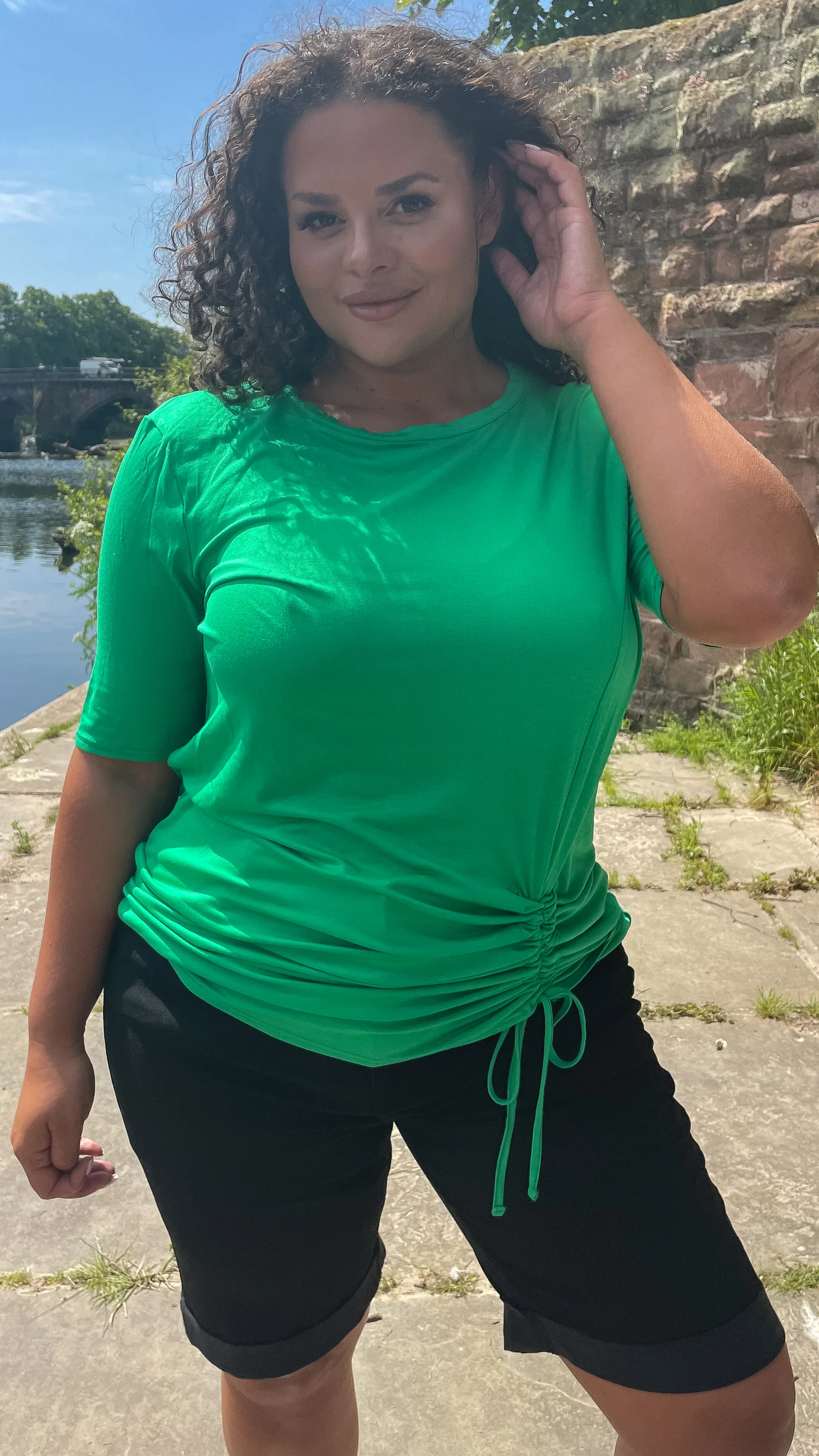 CurveWow Side Channel Short Sleeve Tie Top Green - Image 2
