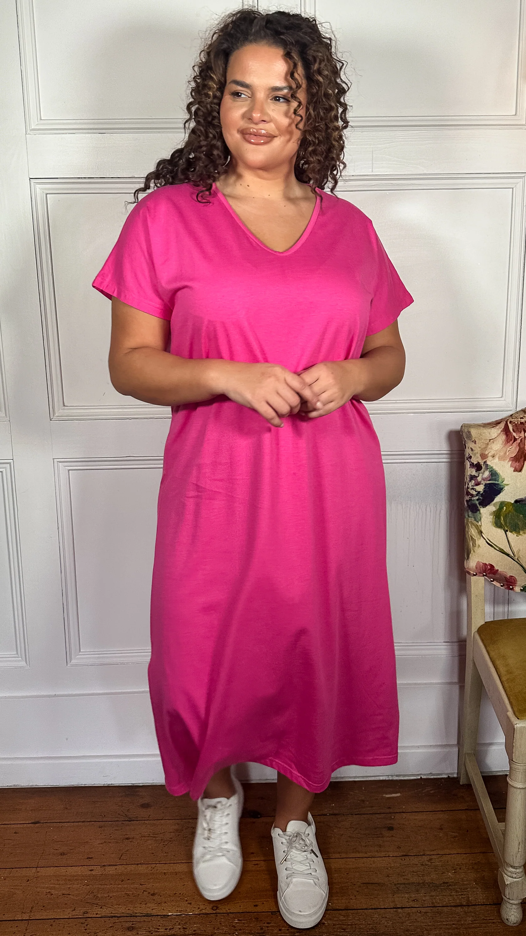 CurveWow Side Split Midaxi T-Shirt Dress Pink - Image 3