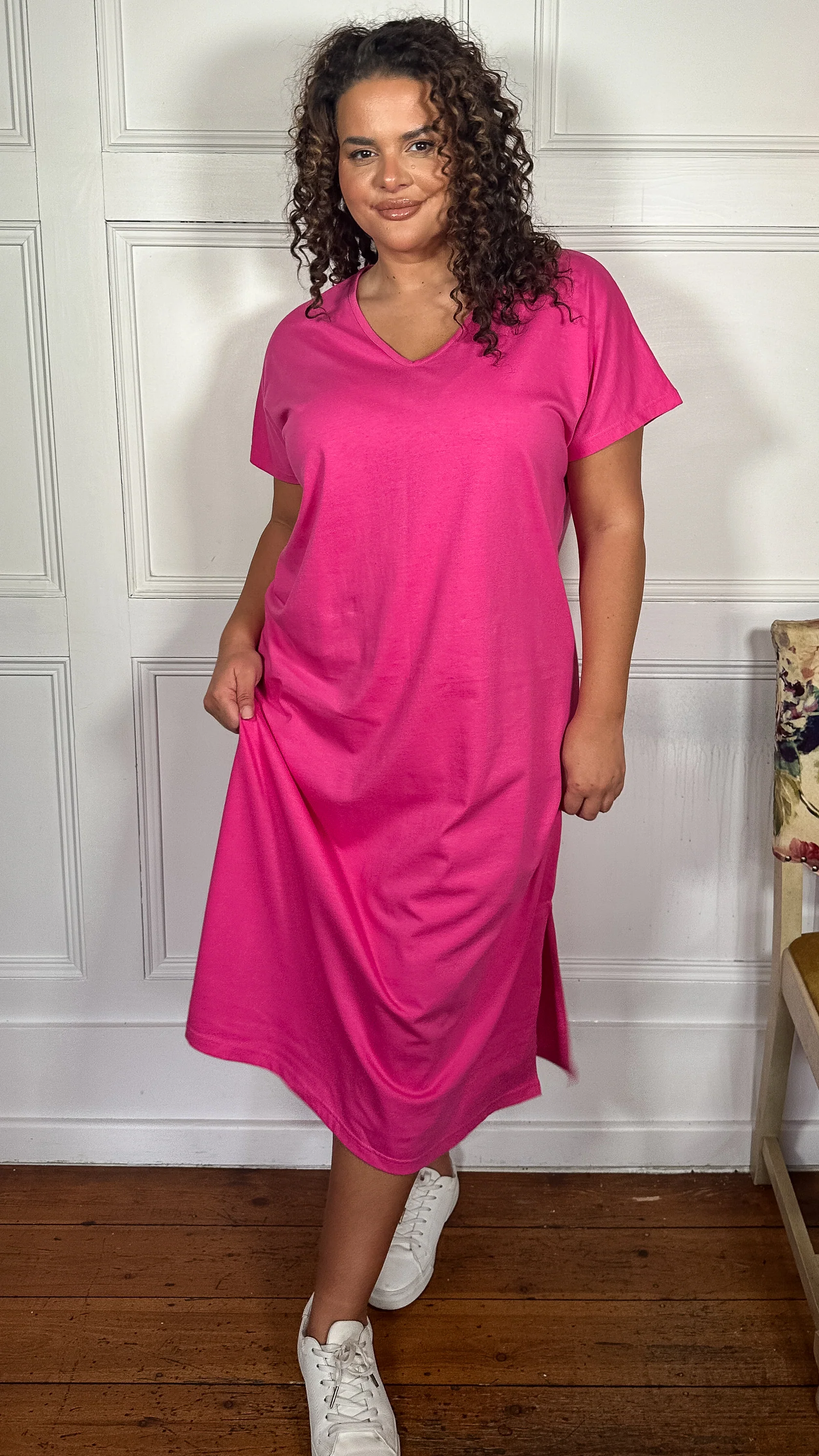 CurveWow Side Split Midaxi T-Shirt Dress Pink - Image 4