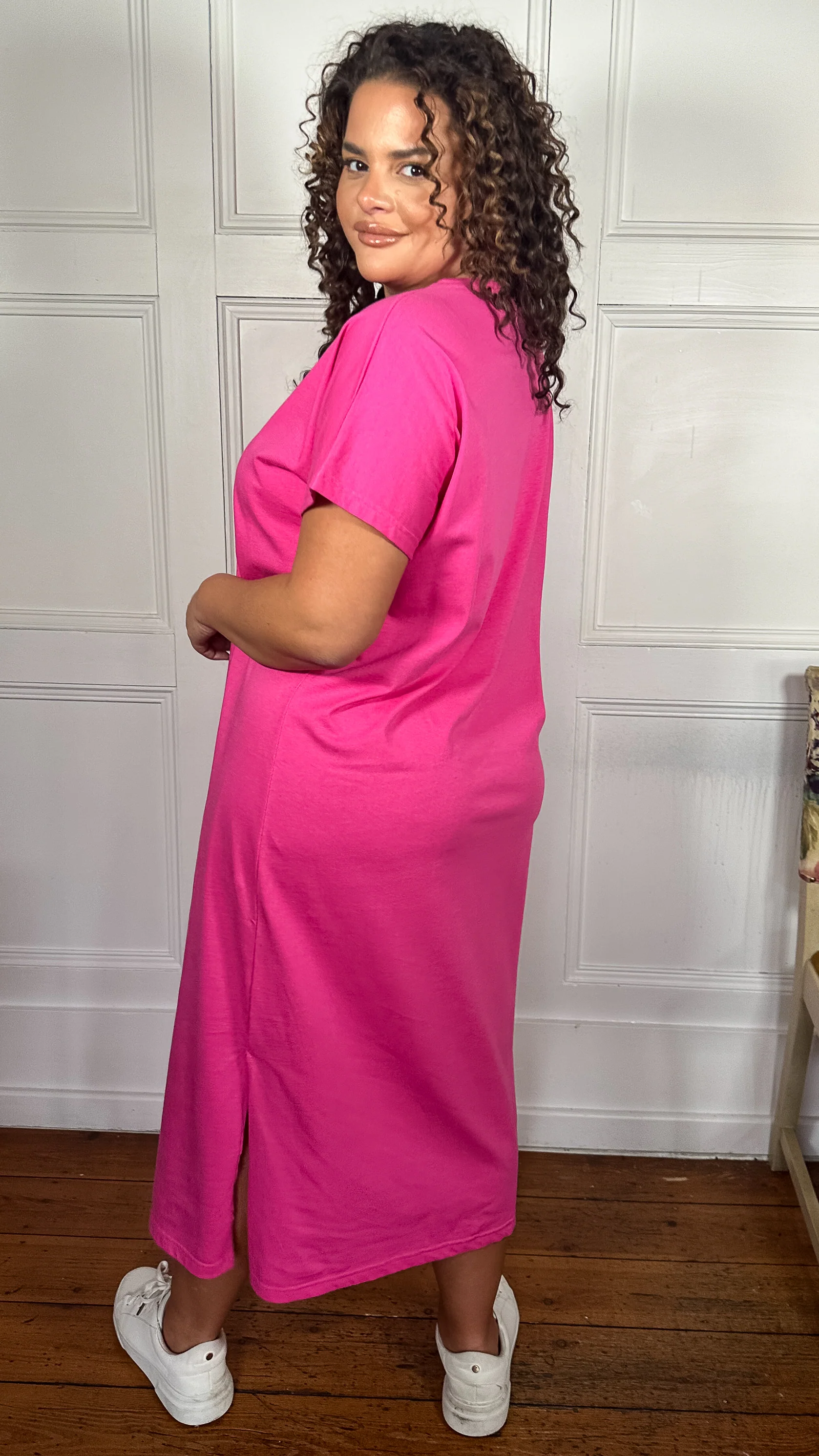CurveWow Side Split Midaxi T-Shirt Dress Pink - Image 7