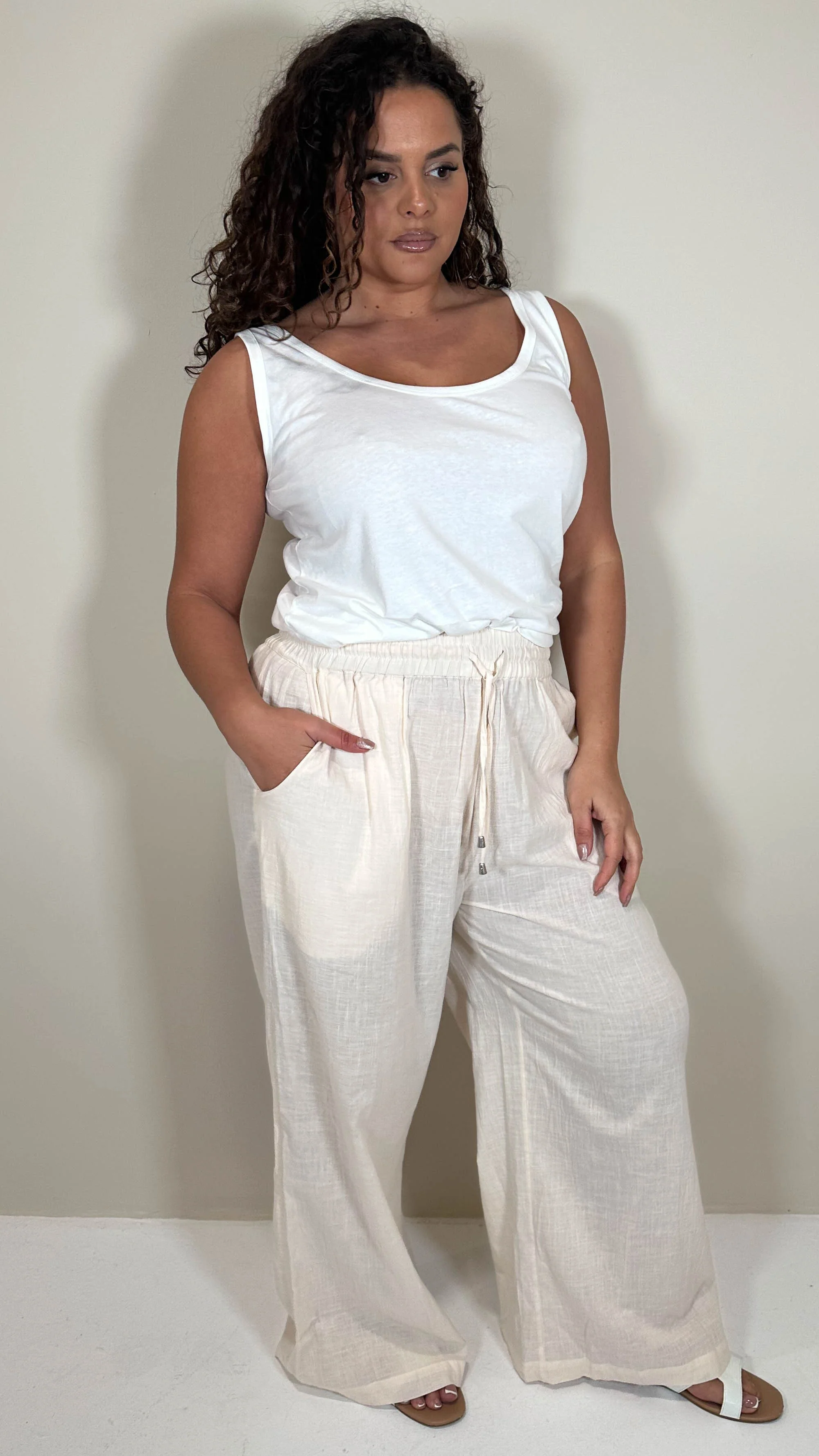 CurveWow Slub Wideleg Trousers Cream - Image 5