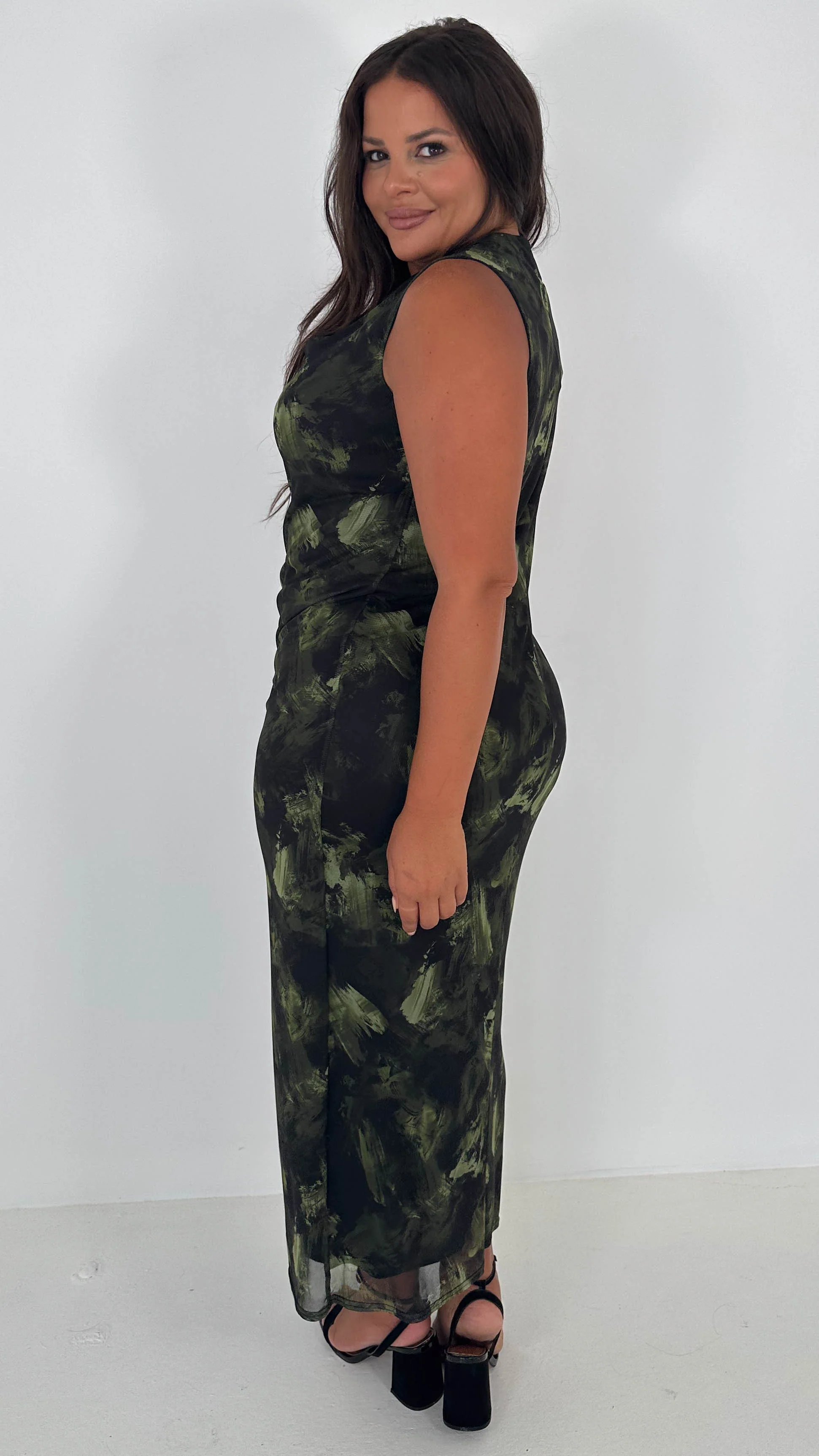 CurveWow Cowl Neck Mesh Midaxi Dress Green Brushstroke - Image 8