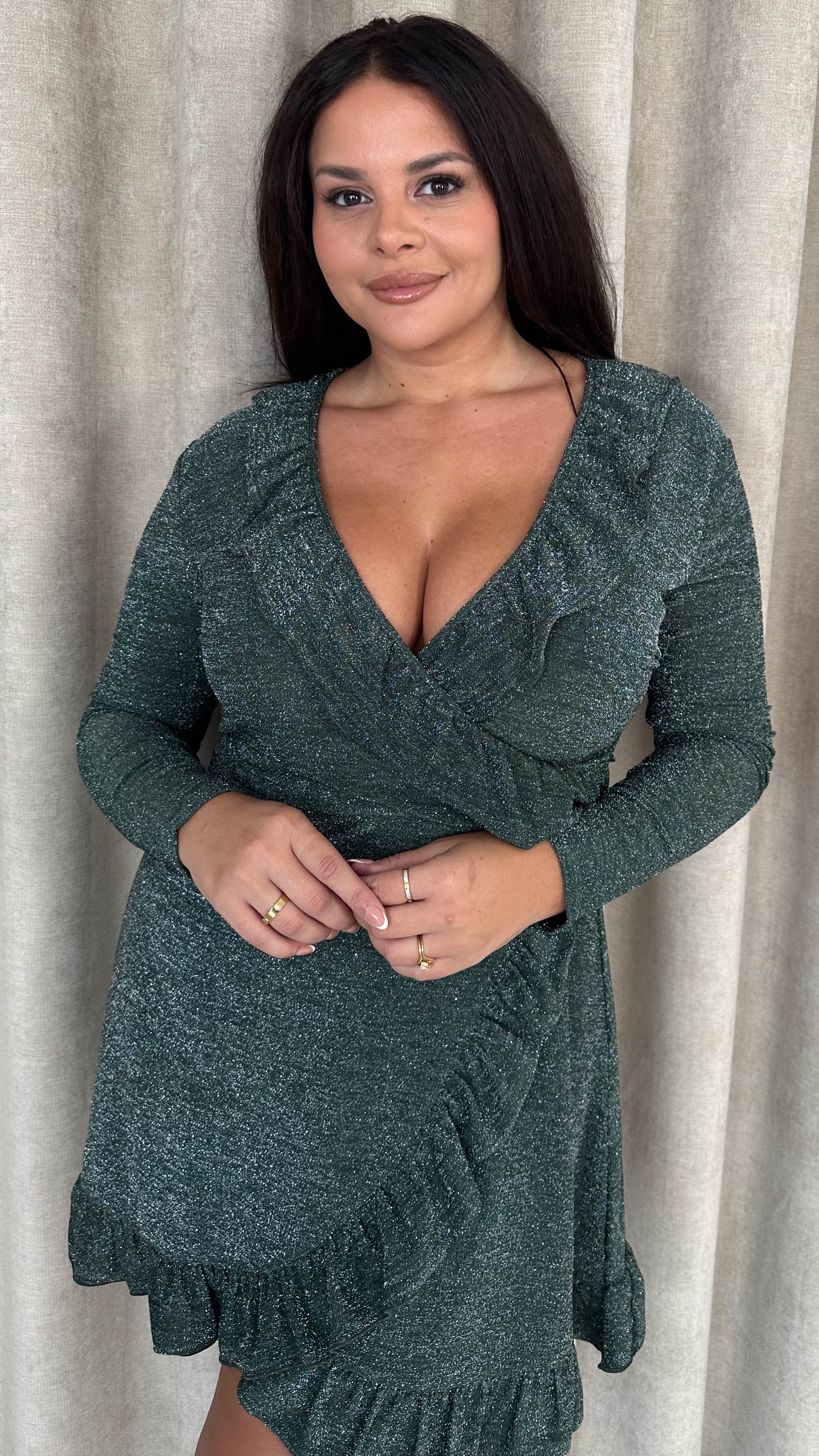 CurveWow Sparkle Ruffle Mini Dress Khaki - Image 3