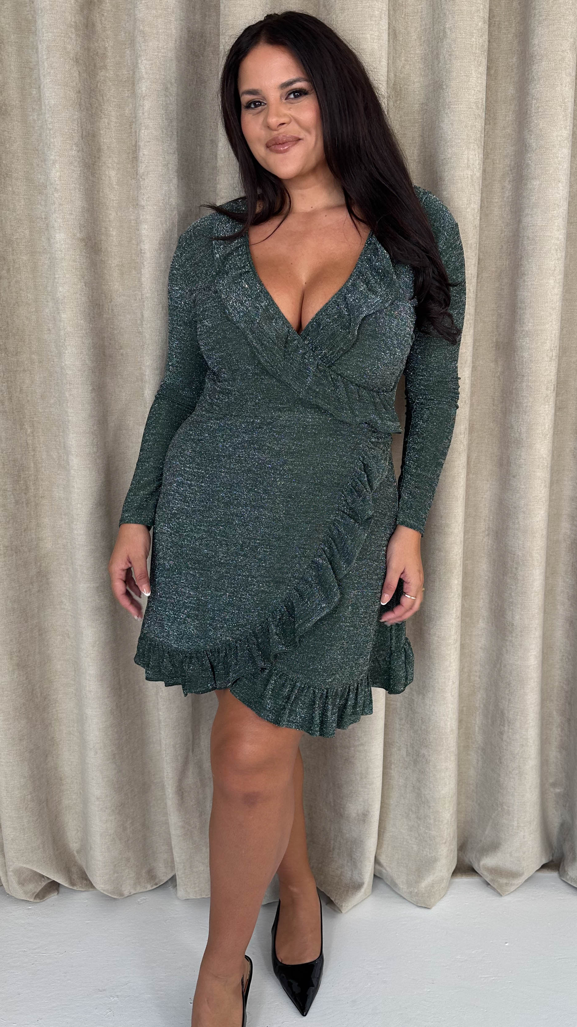 CurveWow Sparkle Ruffle Mini Dress Khaki - Image 4