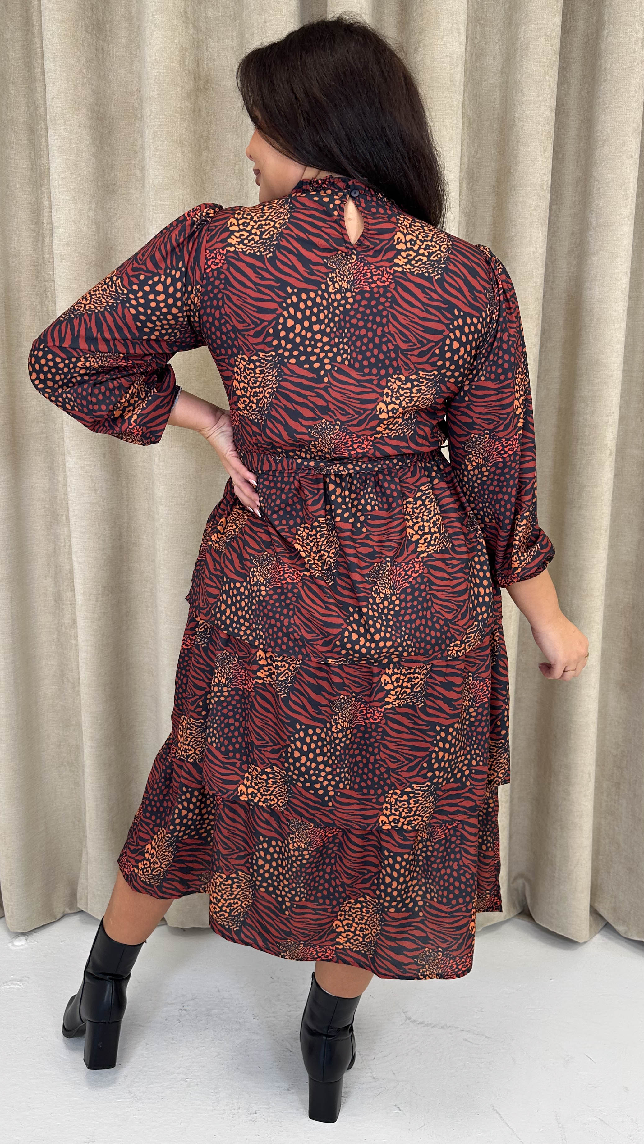 CurveWow Tiered Belt Midi Dress Rust Mixed Animal - Image 6