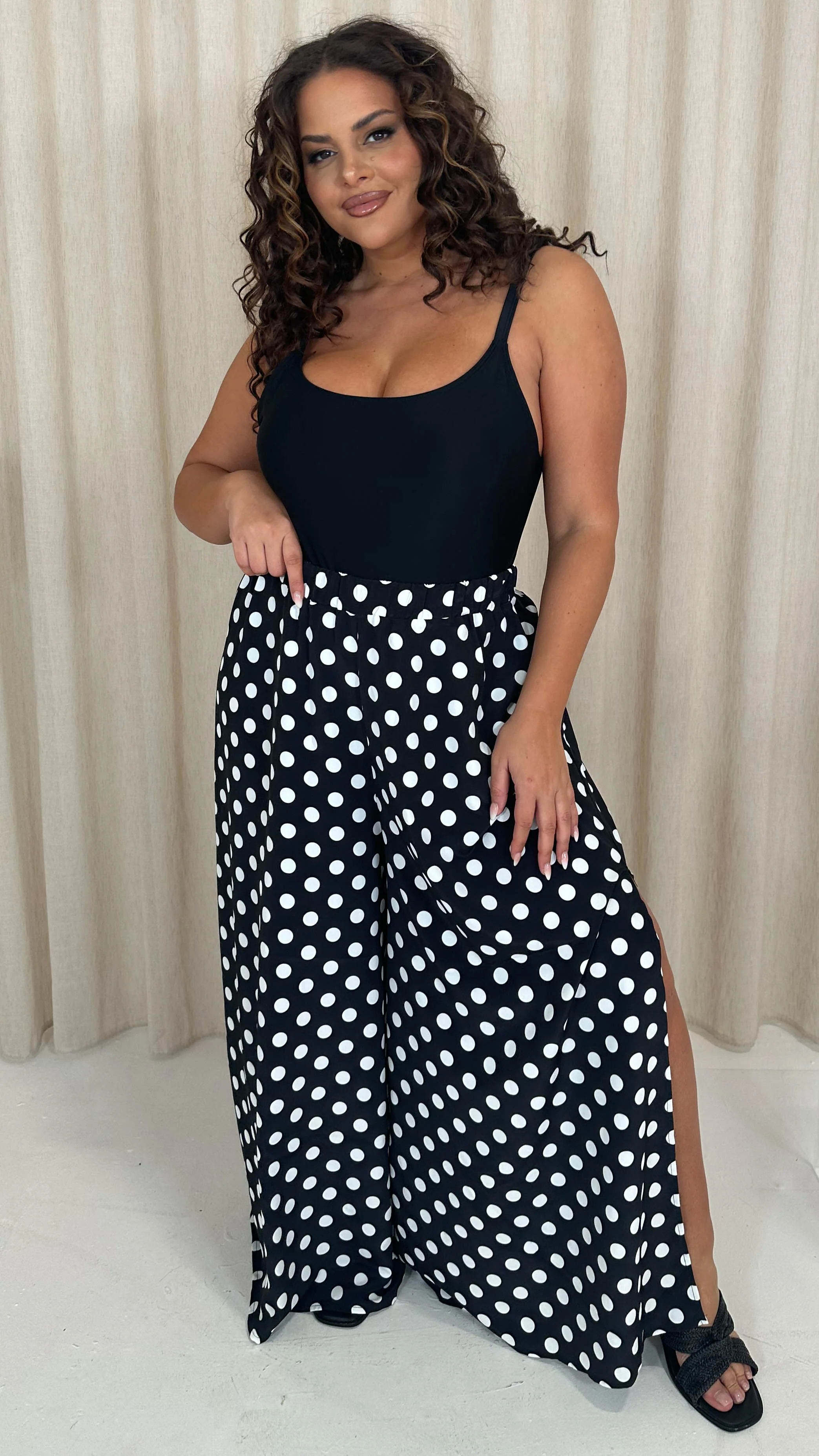 CurveWow Split Leg Beach Trousers Black Polka Dot - Image 5