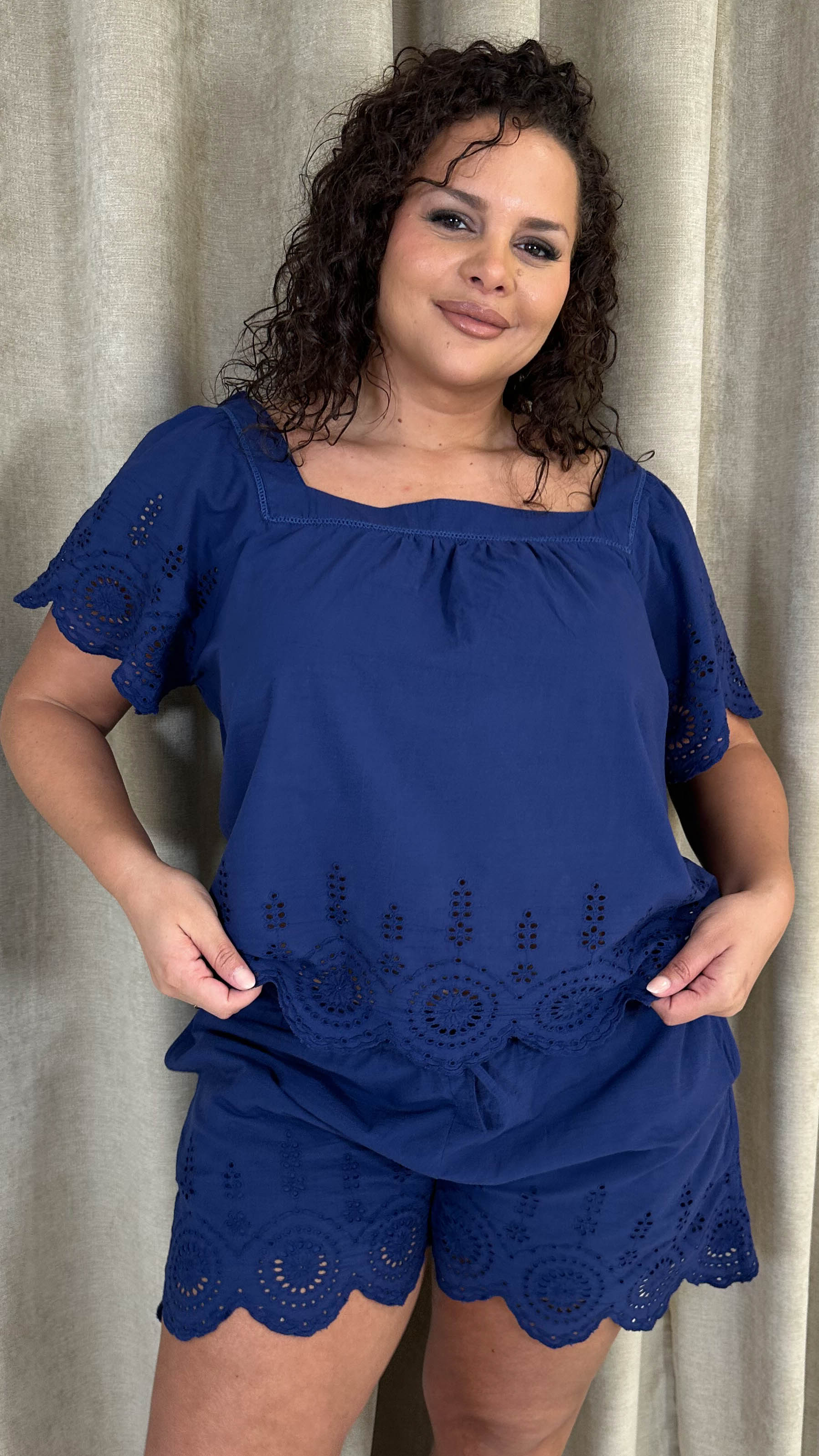 CurveWow Square Neck Broderie Top Navy - Image 7