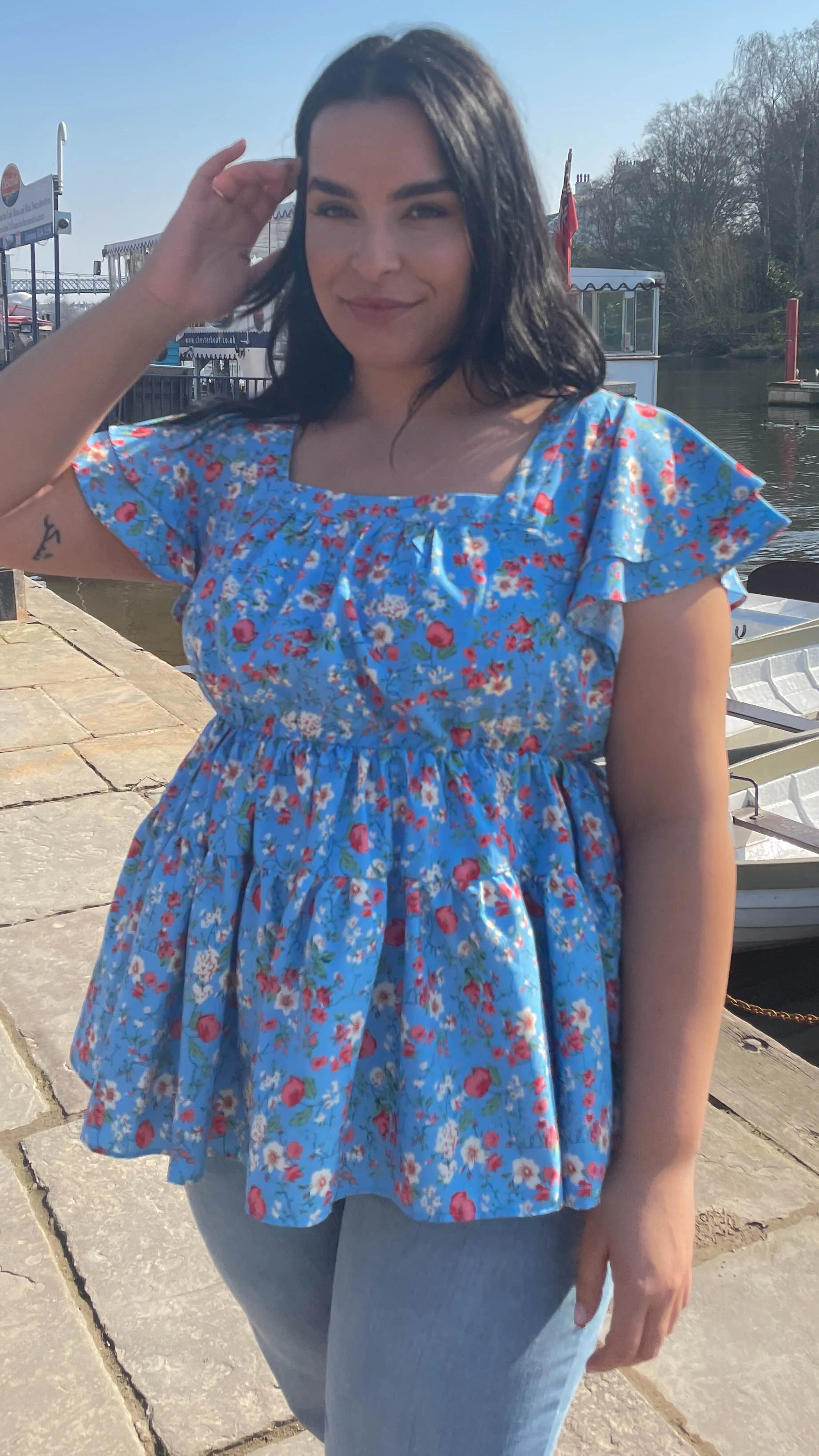 CurveWow Square Neck Frill Sleeve Top Blue Floral - Image 4