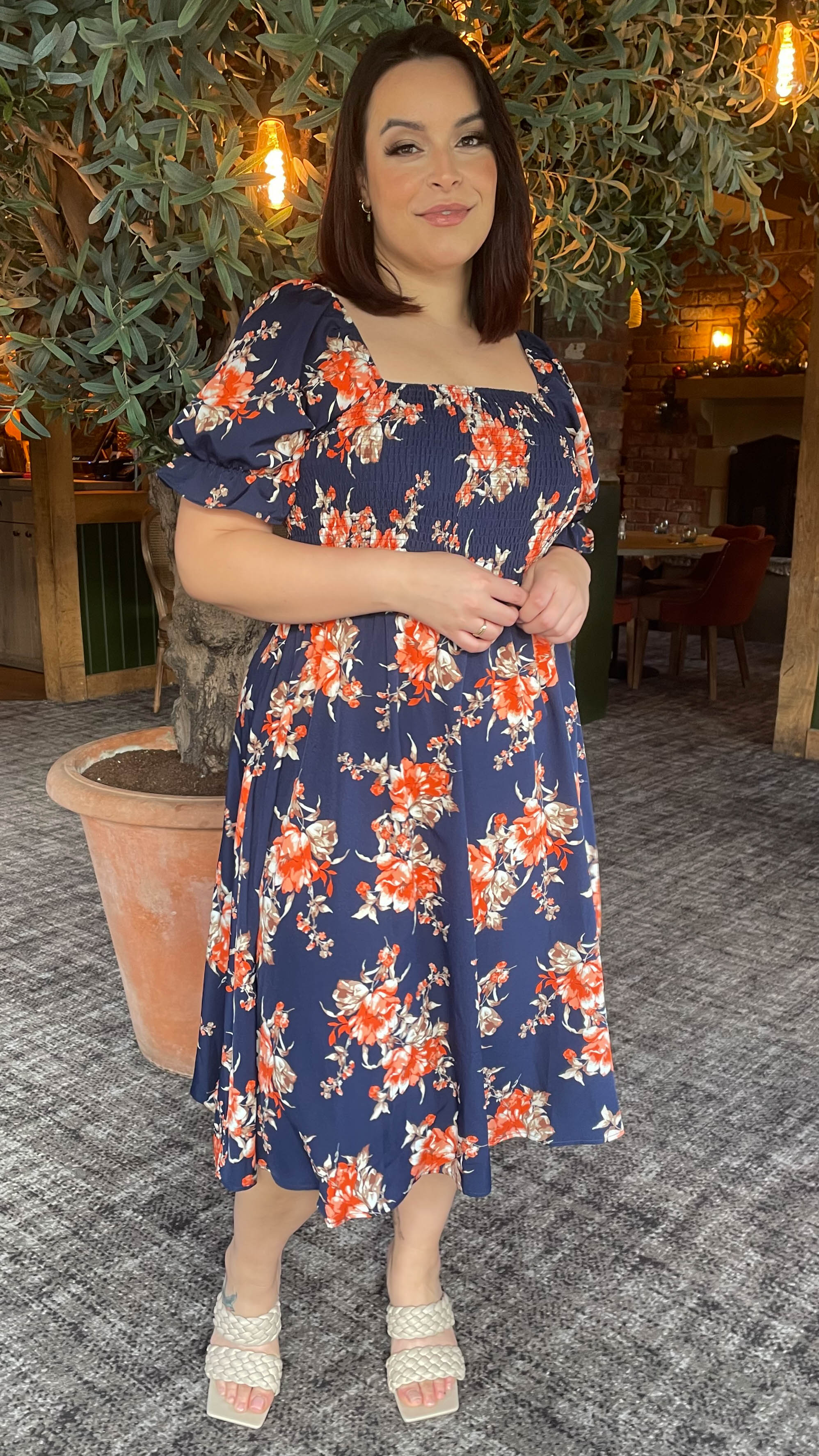 CurveWow Square Neck Shirred Midi Dress Navy Orange Floral - Image 8