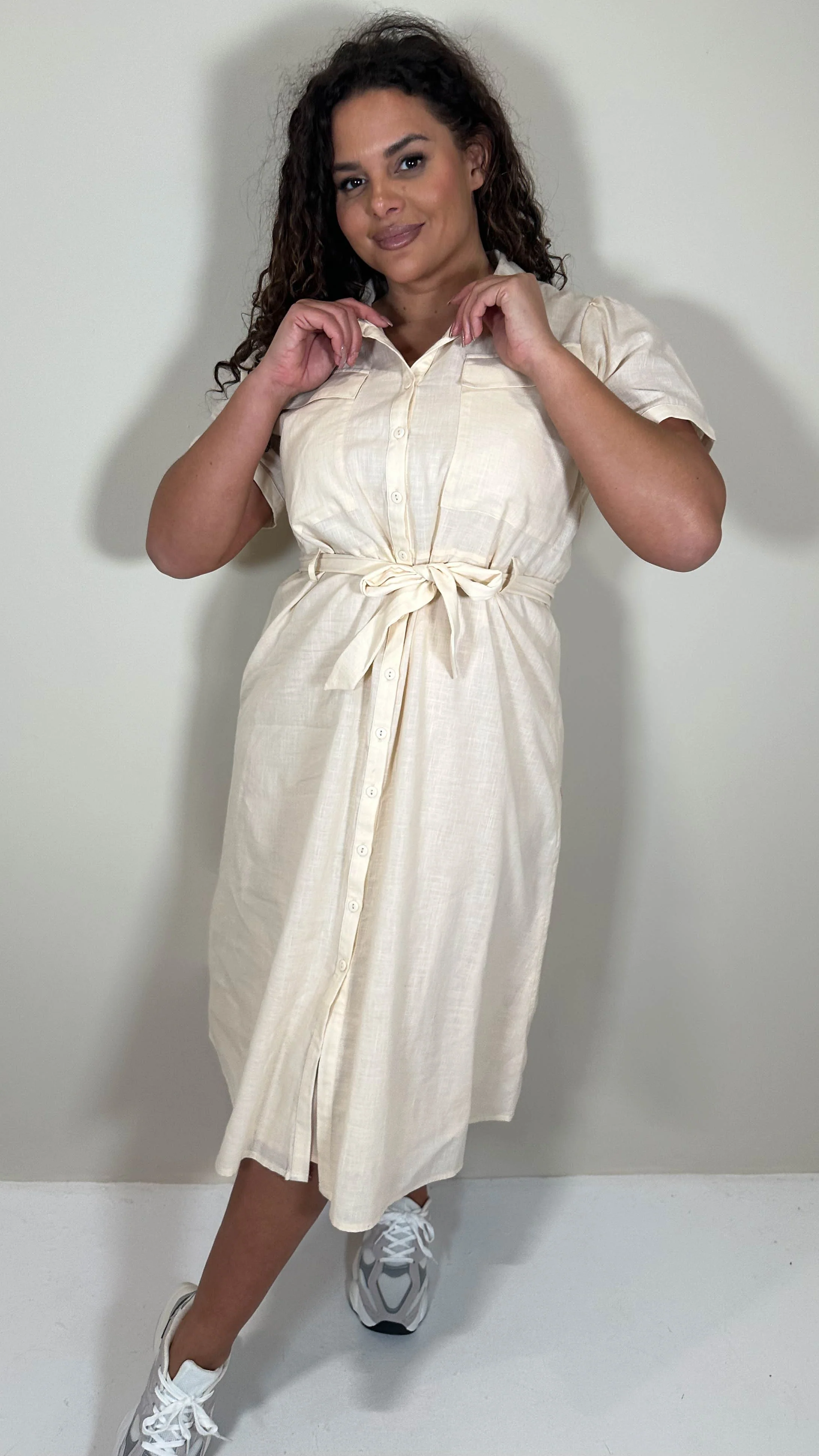 CurveWow SS Pocket Utility Dress Beige - Image 6
