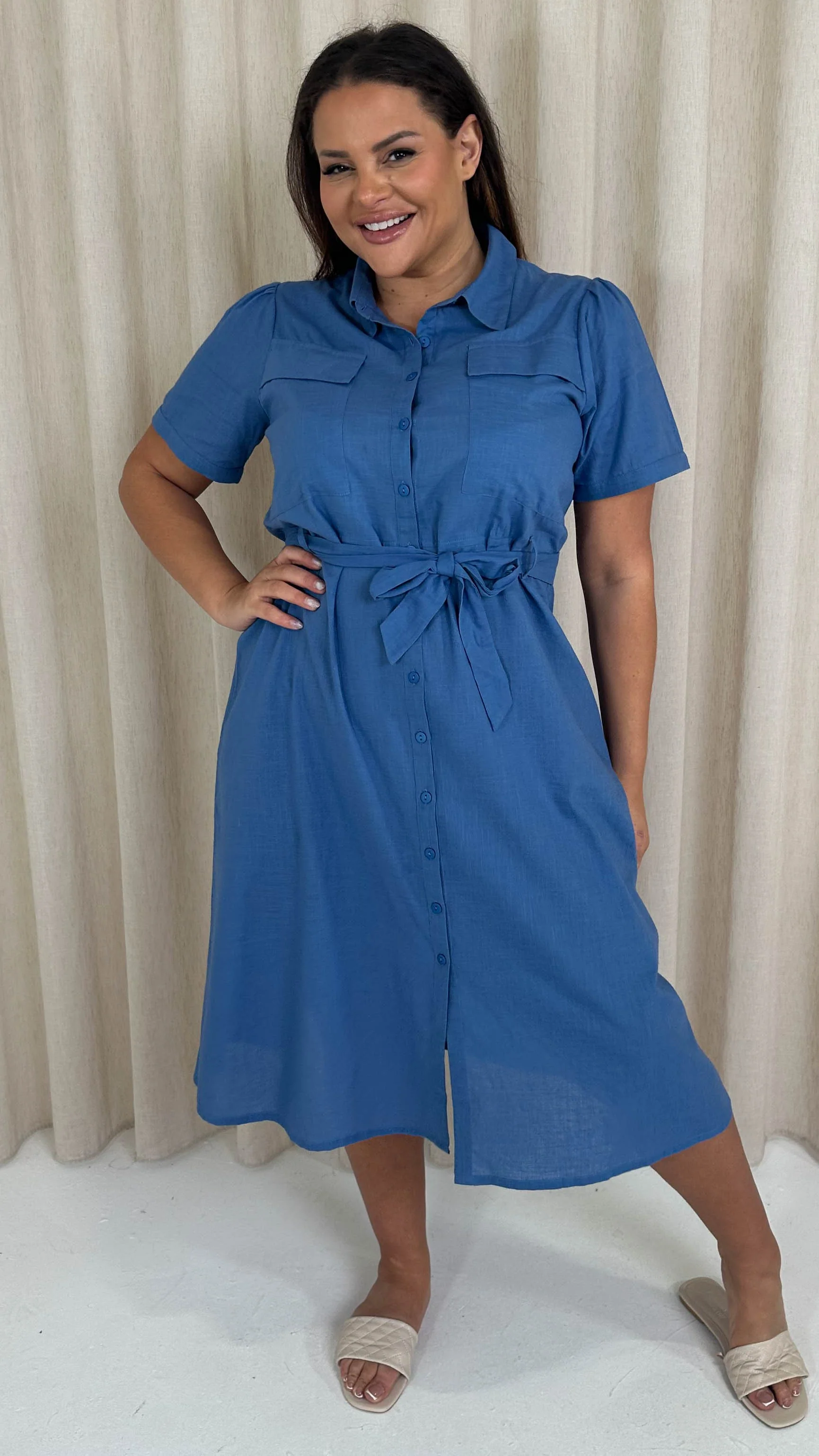 CurveWow SS Pocket Utility Dress Blue - Image 3