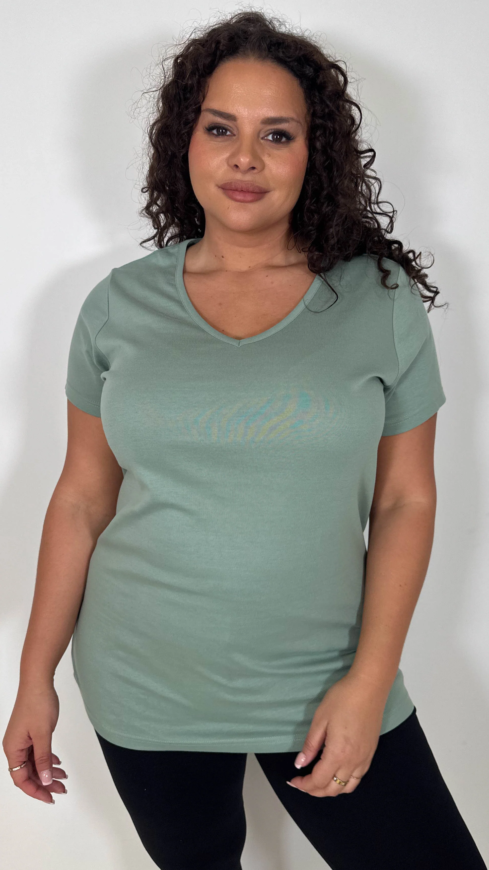 CurveWow Basic V Neck T-Shirt Sage Green - Image 2