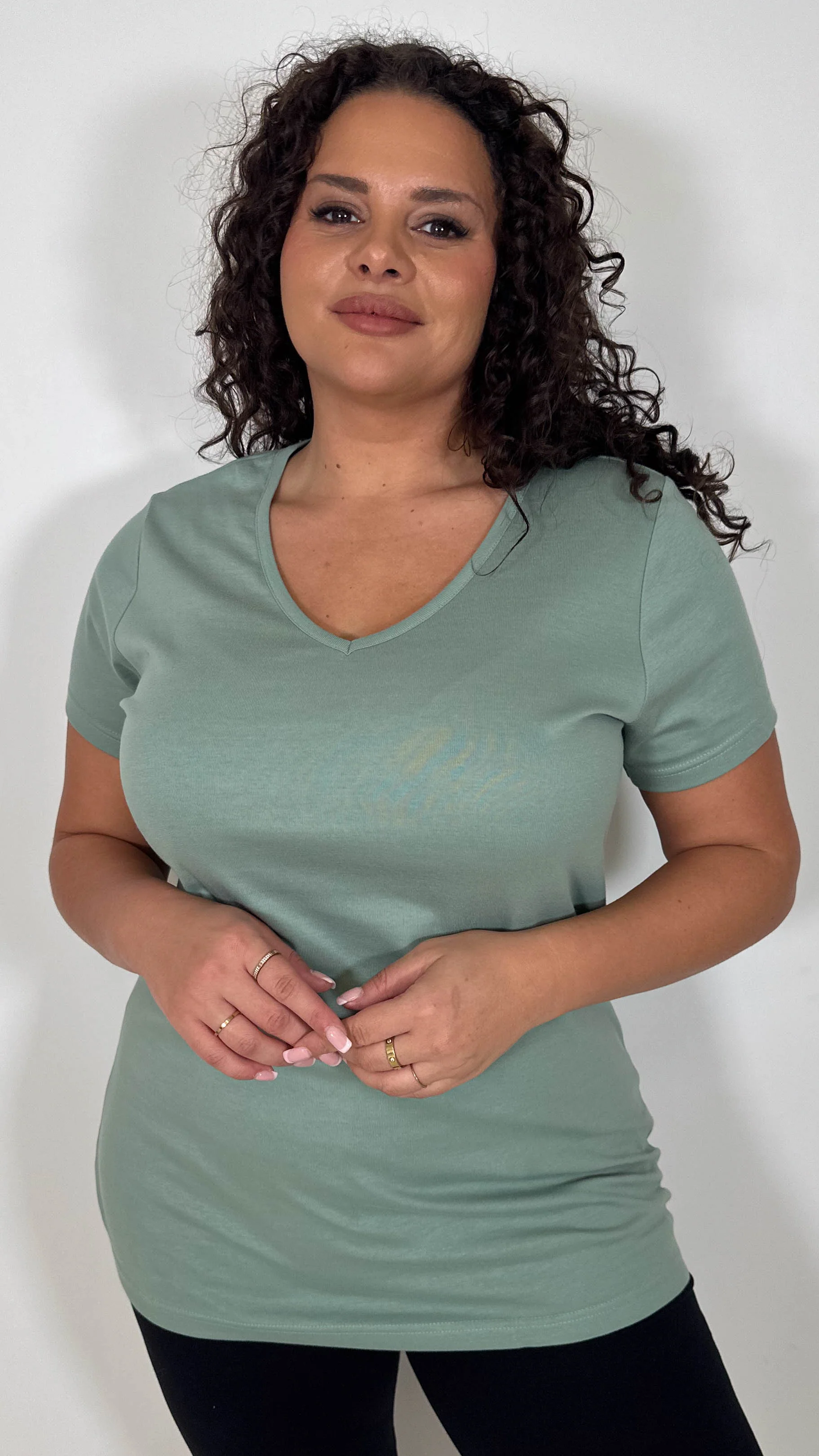 CurveWow Basic V Neck T-Shirt Sage Green - Image 3