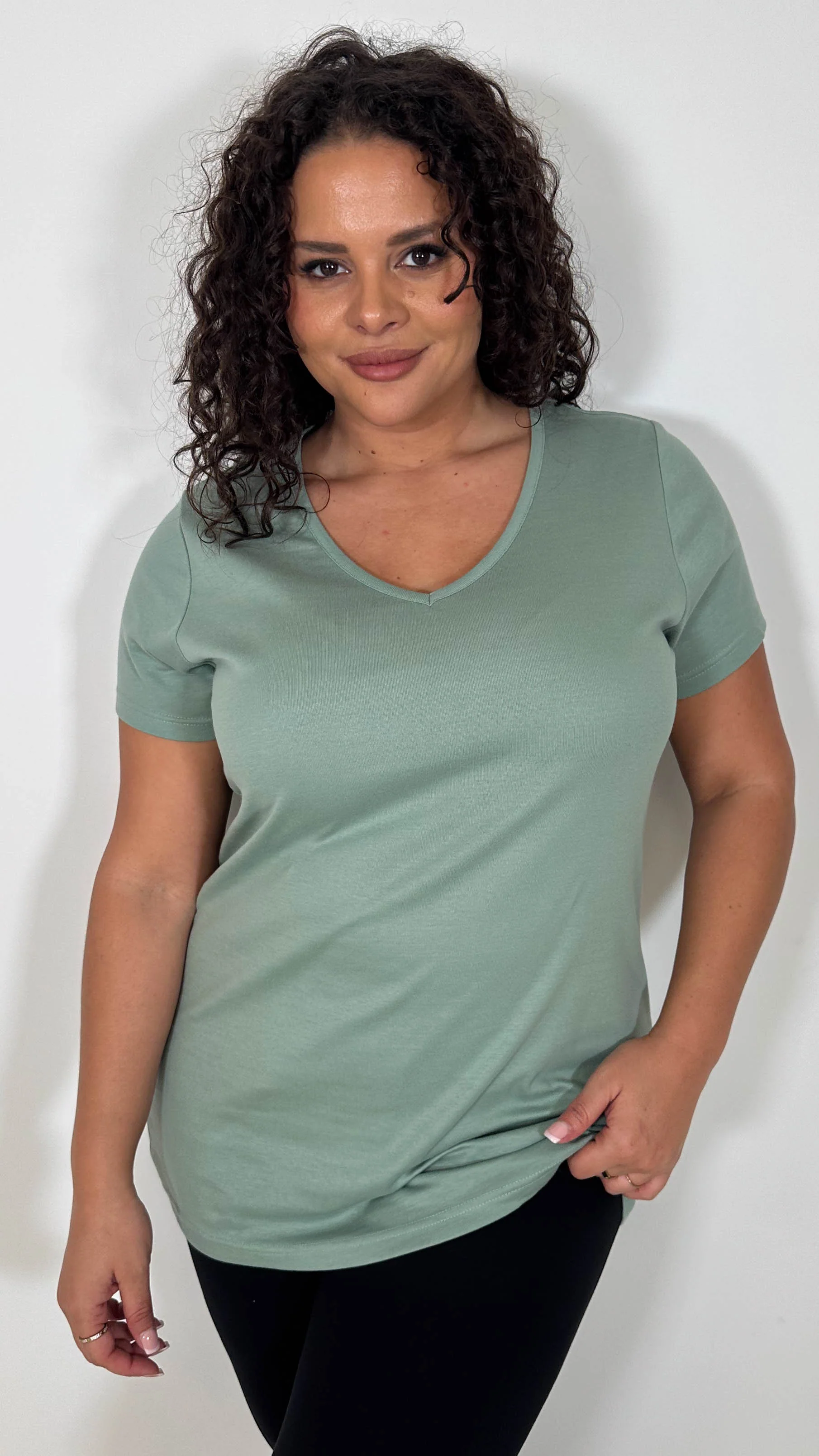 CurveWow Basic V Neck T-Shirt Sage Green - Image 4