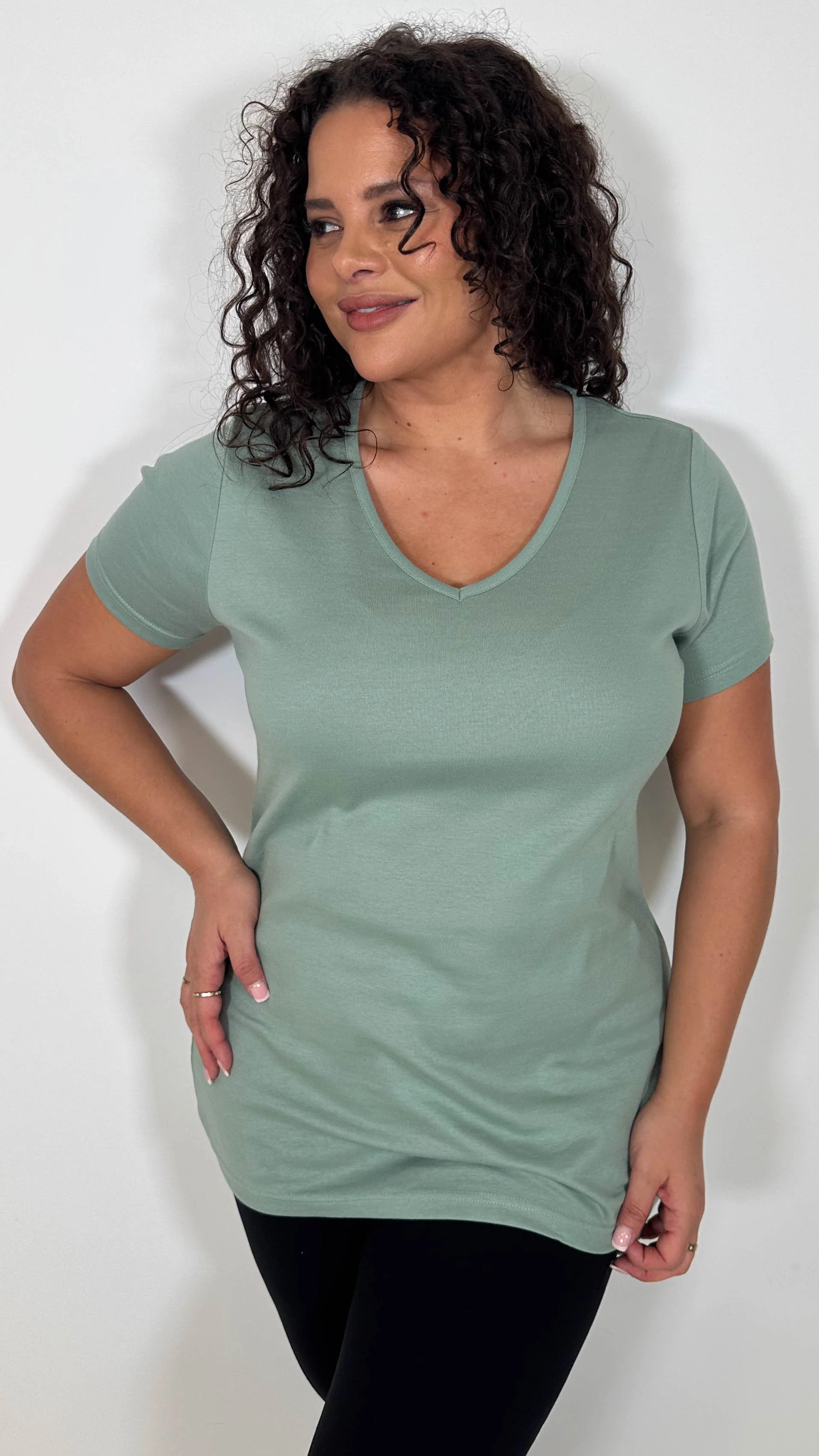 CurveWow Basic V Neck T-Shirt Sage Green - Image 5