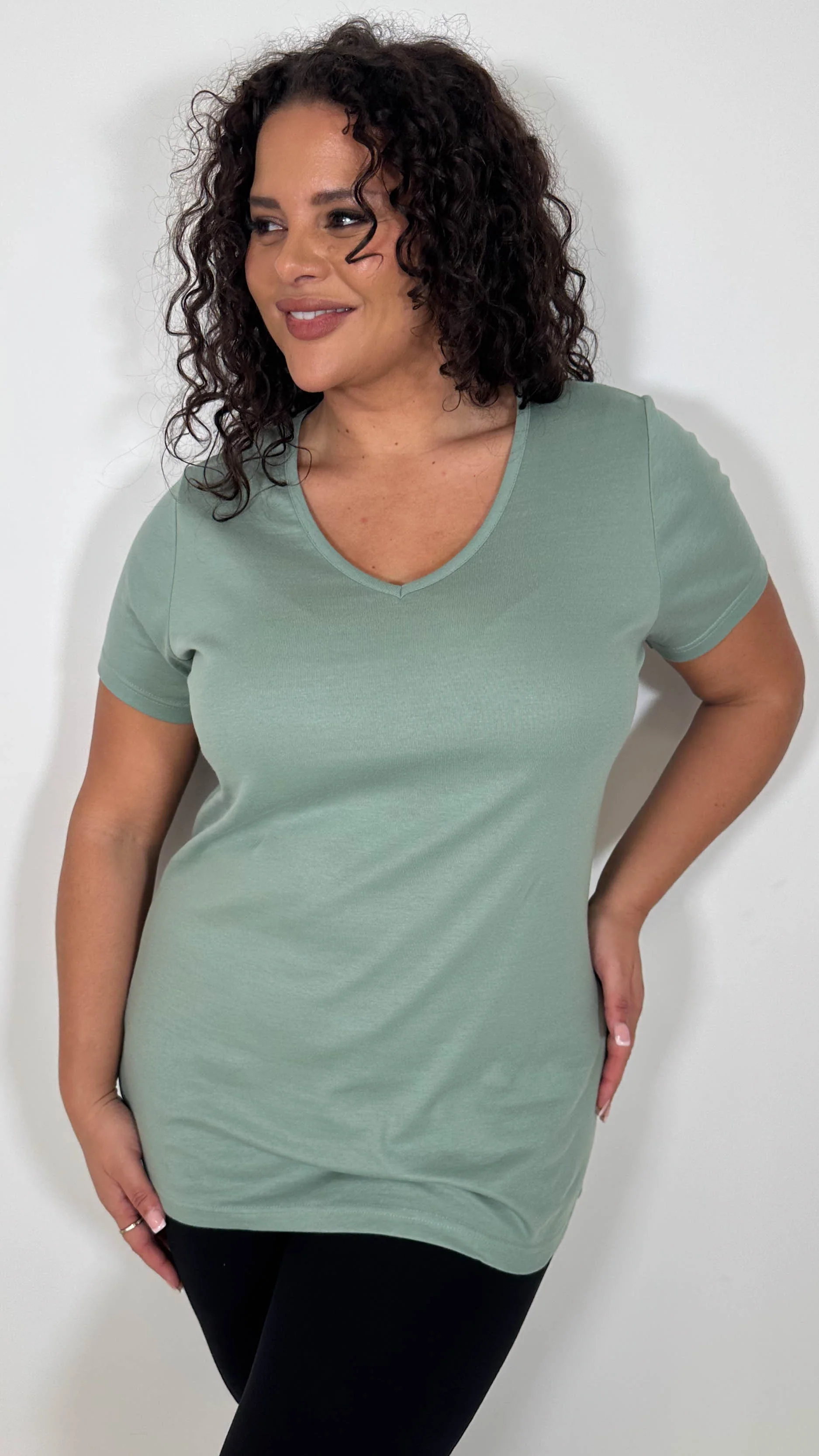 CurveWow Basic V Neck T-Shirt Sage Green - Image 6