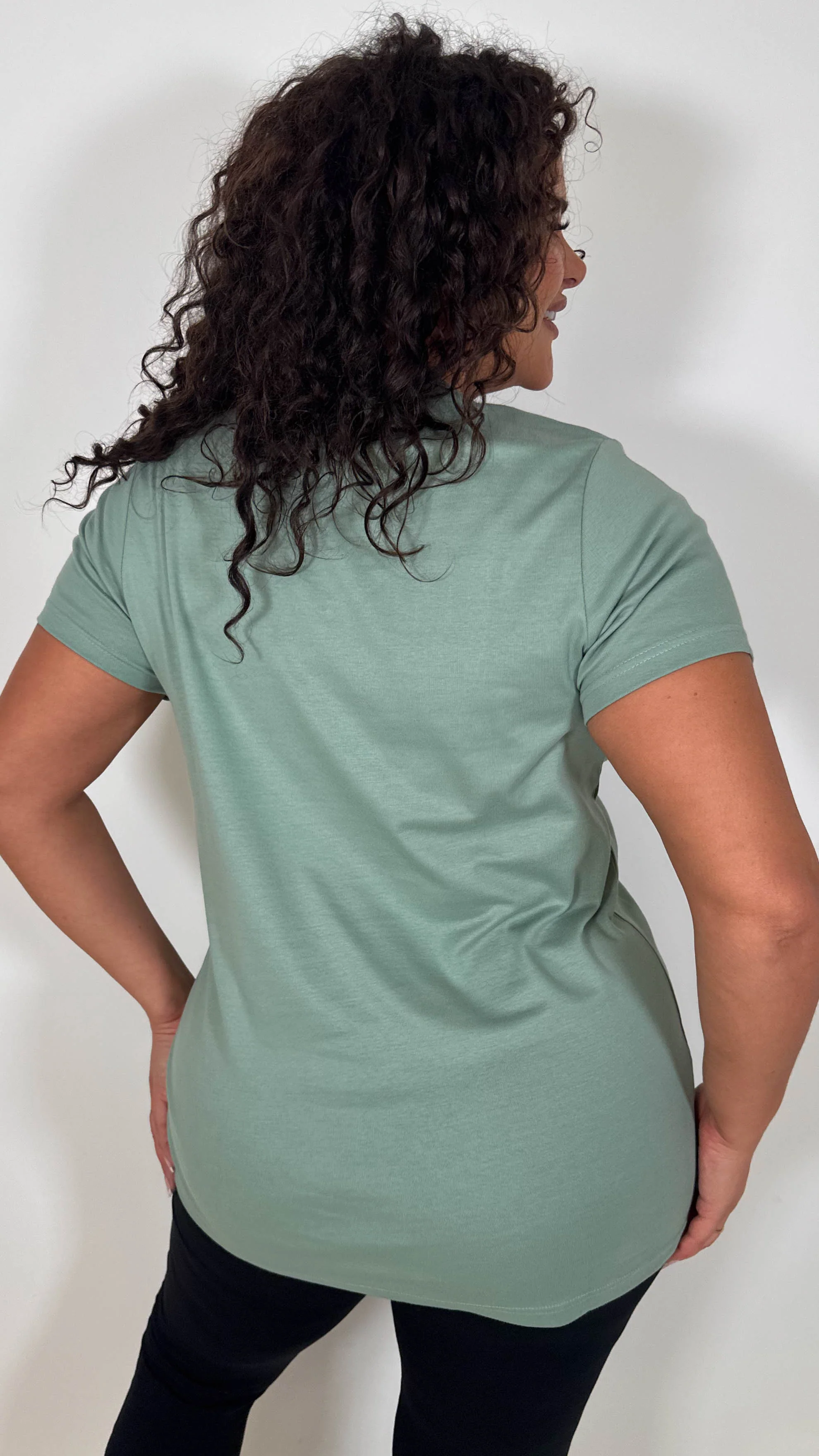 CurveWow Basic V Neck T-Shirt Sage Green - Image 7