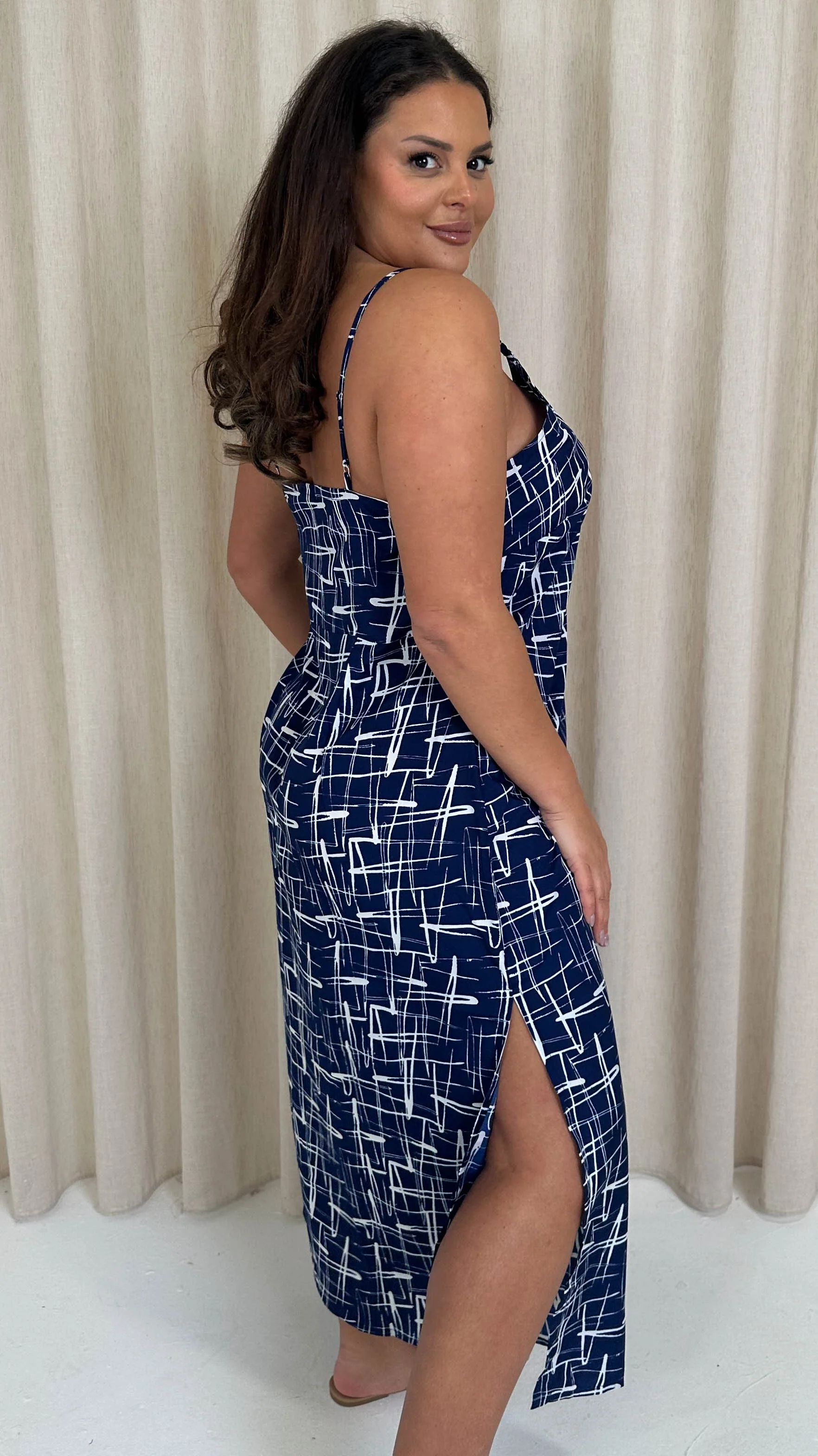 CurveWow Strappy Summer Tea Dress Blue/White Abstract - Image 6