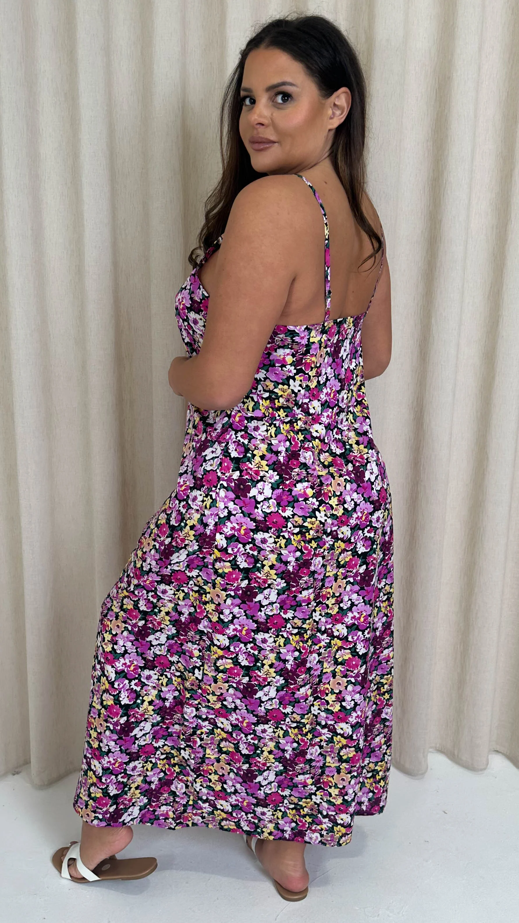 CurveWow Strappy Summer Tea Dress Pink Multi Floral - Image 6