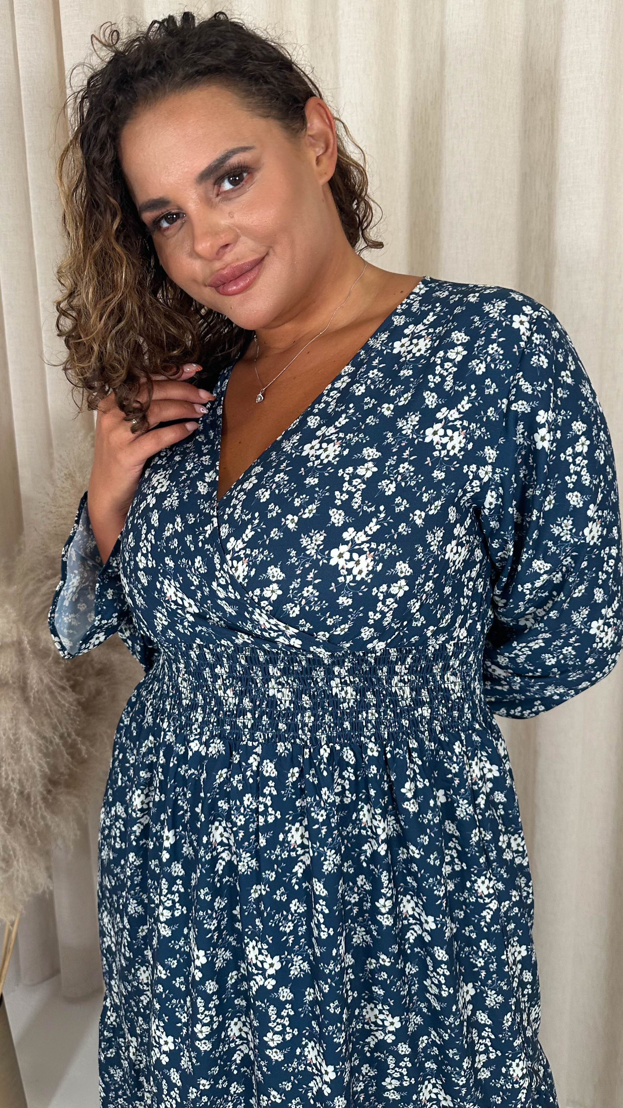 CurveWow Wrap Shirred Waist Printed Dress Navy Floral - Image 2