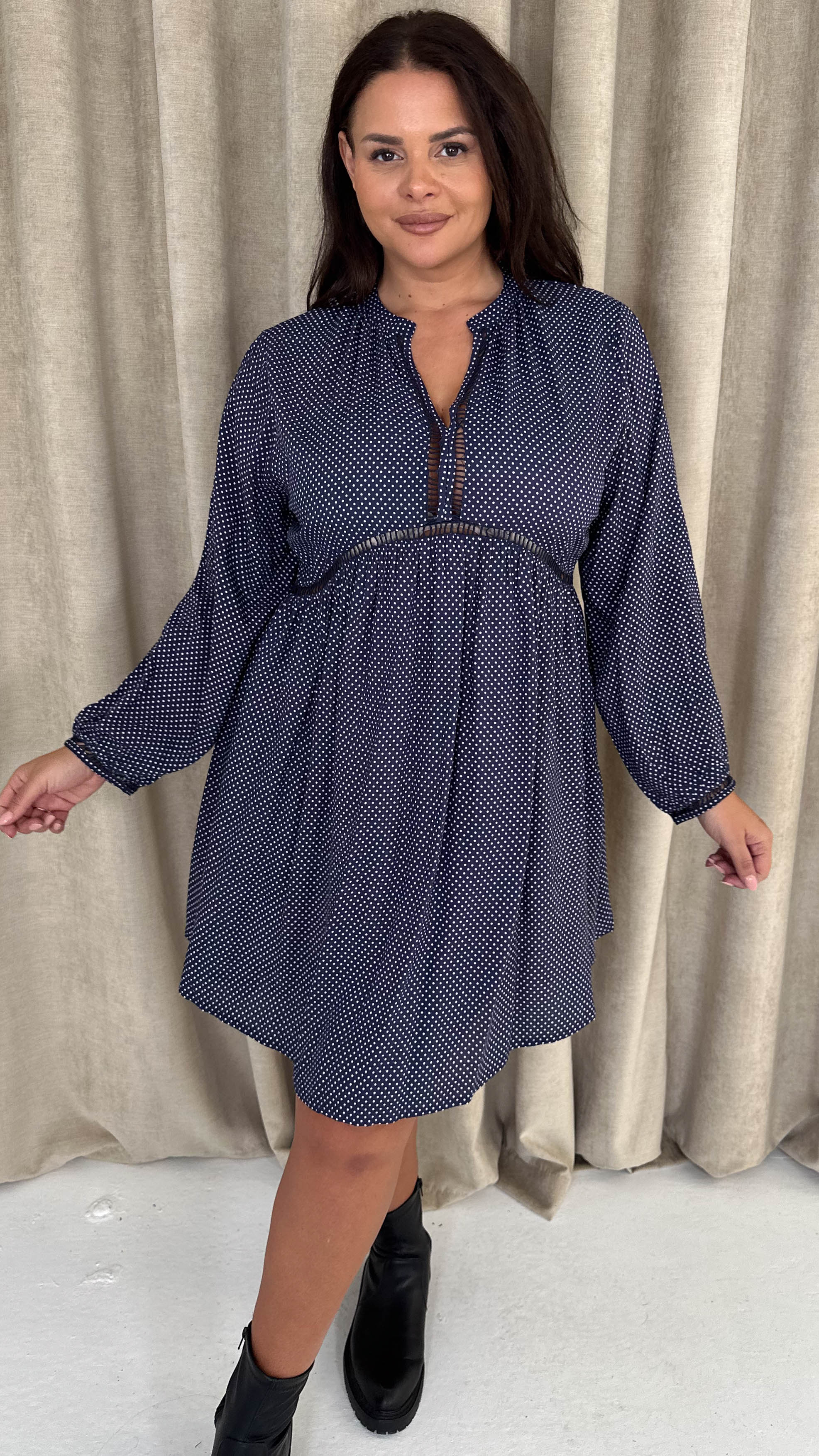 CurveWow Trim Detail Smock Dress Navy Spot - Image 6