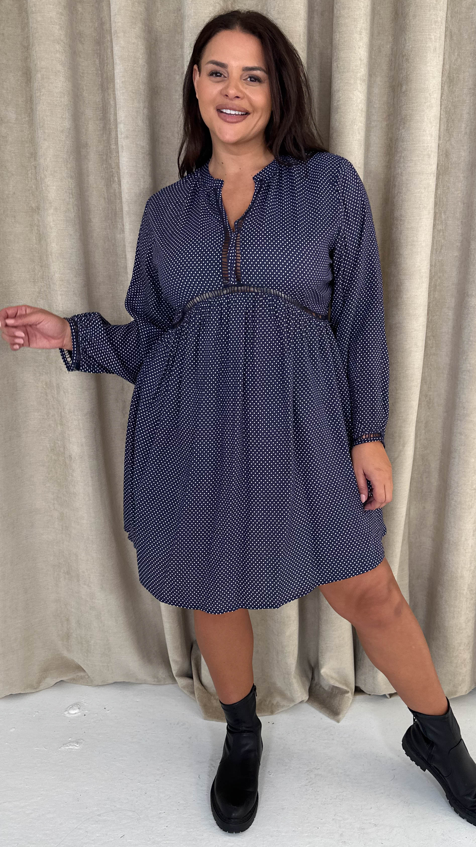 CurveWow Trim Detail Smock Dress Navy Spot - Image 8