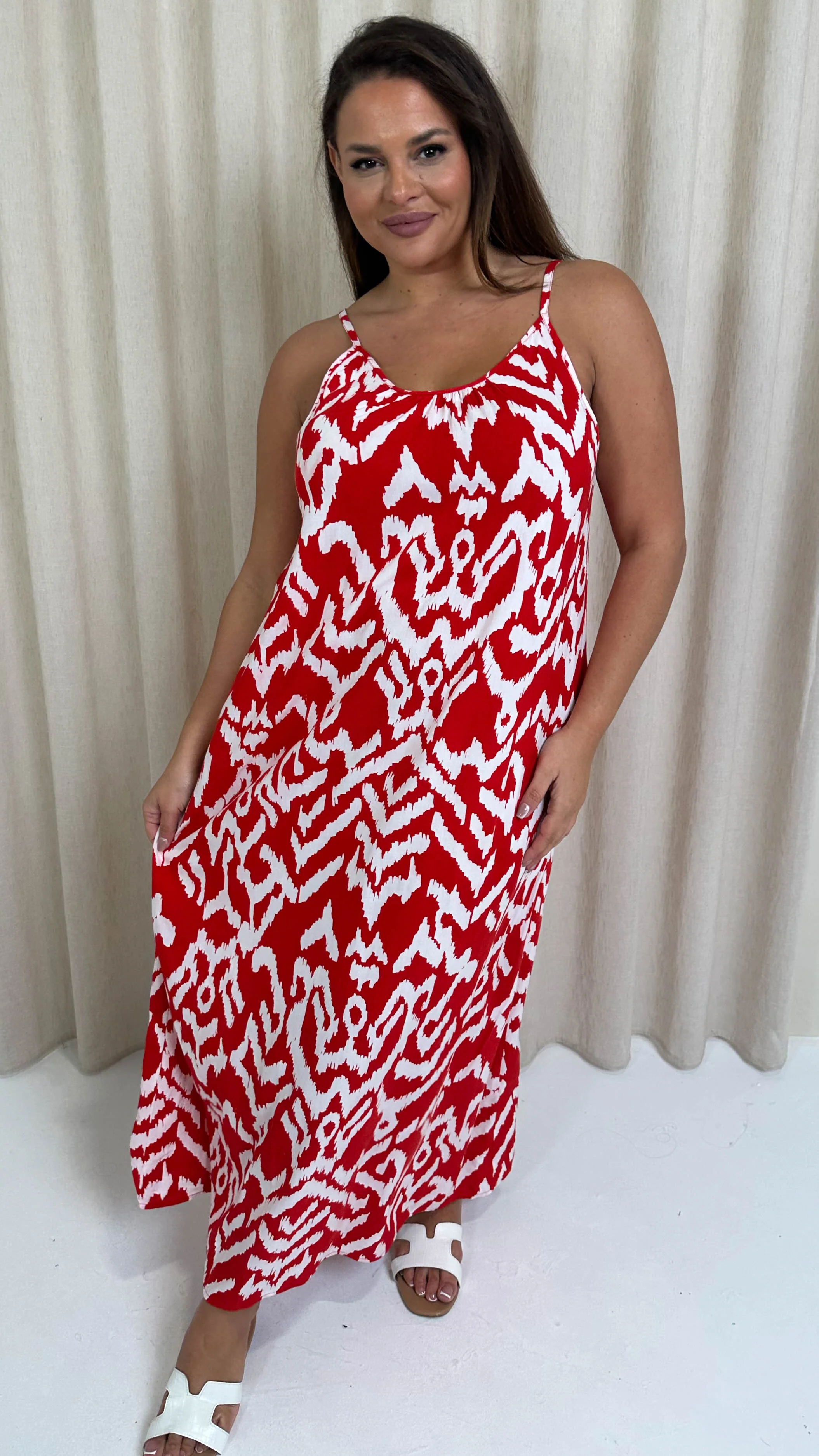 CurveWow Swing Cami Maxi Dress Red Aztec - Image 3