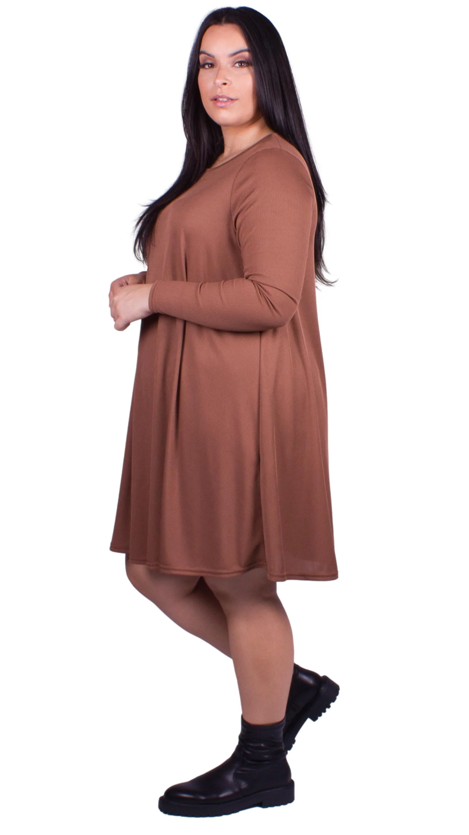 CurveWow Ribbed Swing Dress Brown - Image 7