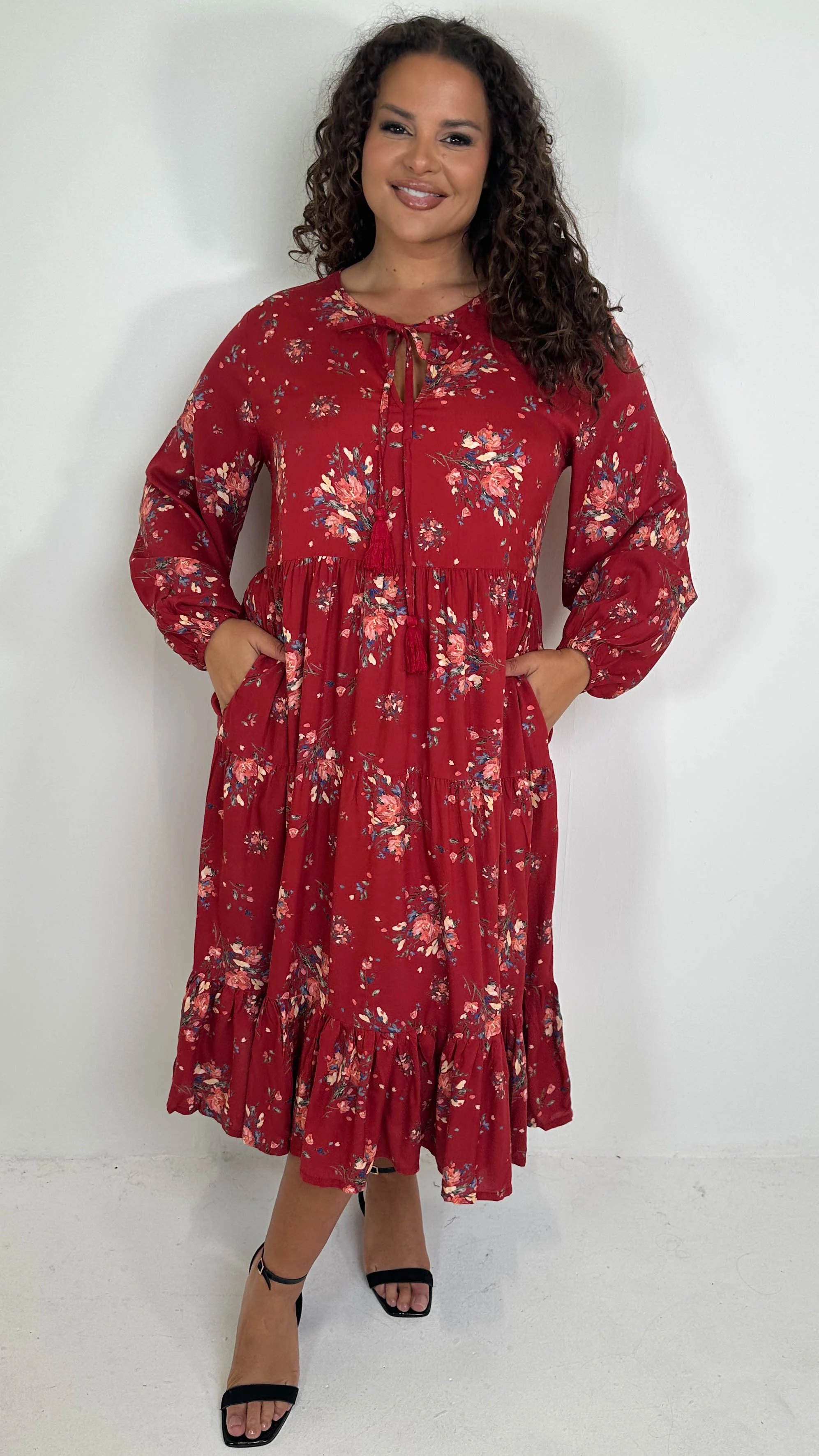 CurveWow Tassel Tiered Dress Floral Wine - Image 6