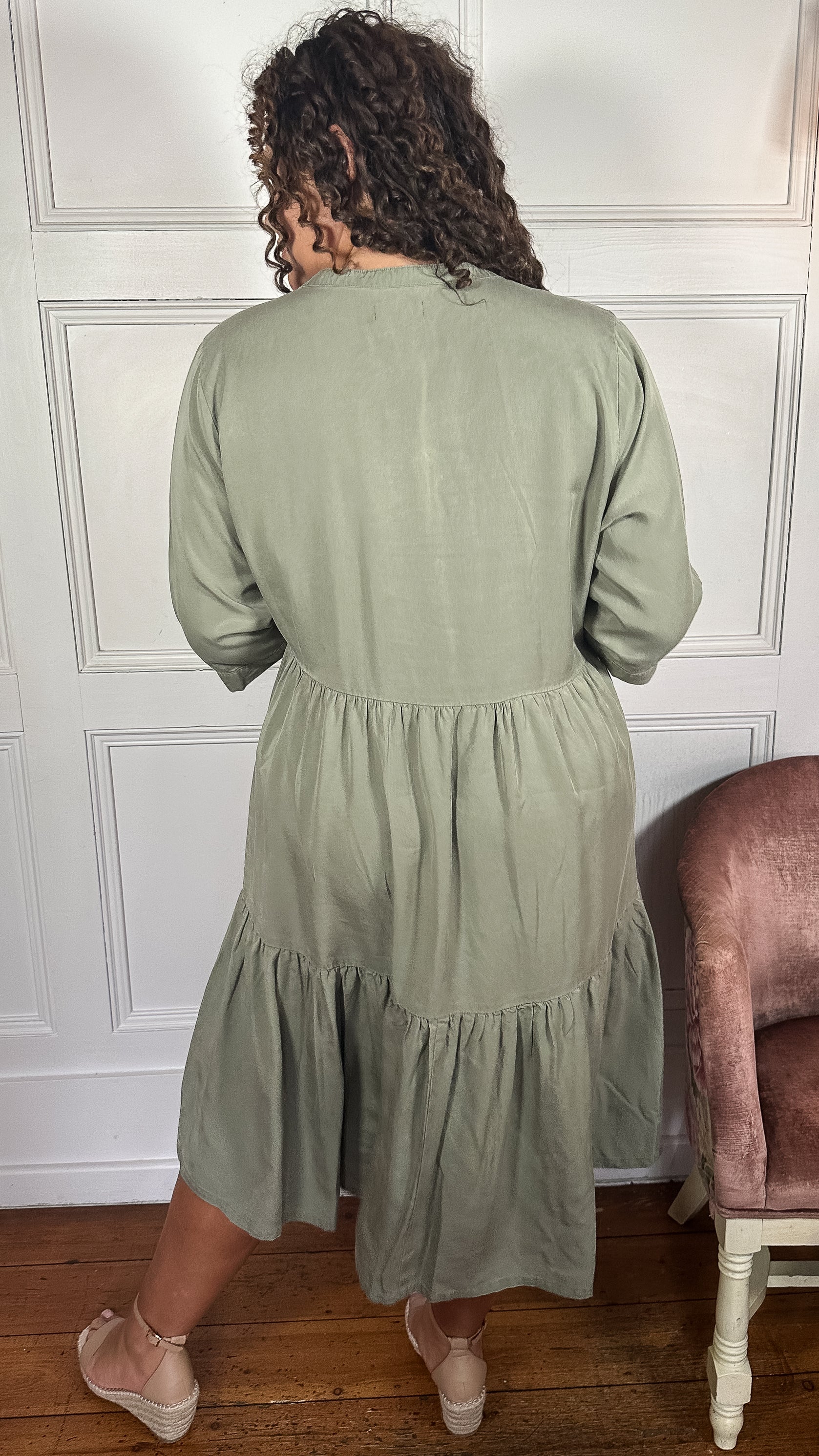 CurveWow Tencel Button Front Tiered Dress Khaki - Image 7