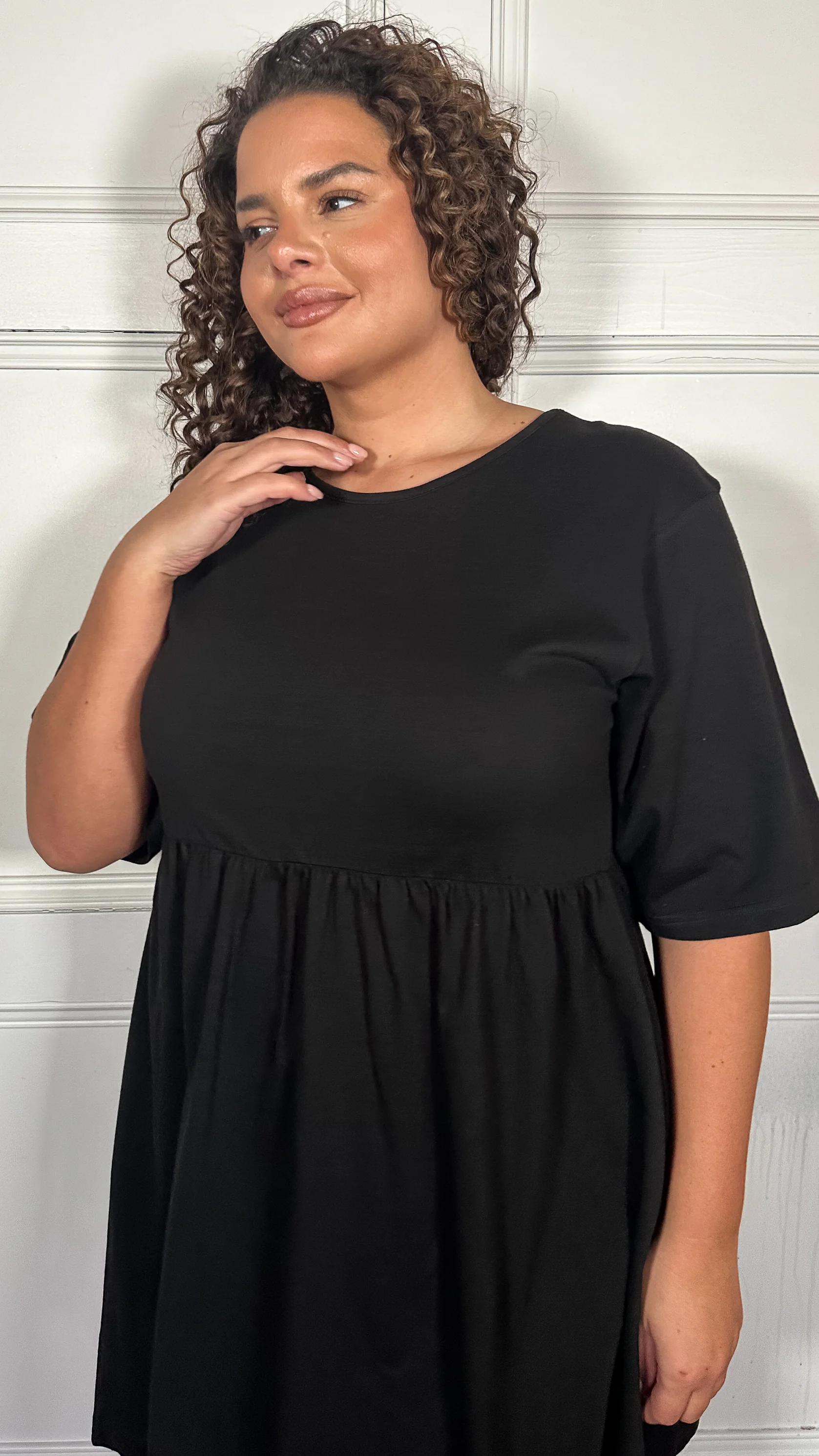 CurveWow Textured Smock Mini Dress Black - Image 3