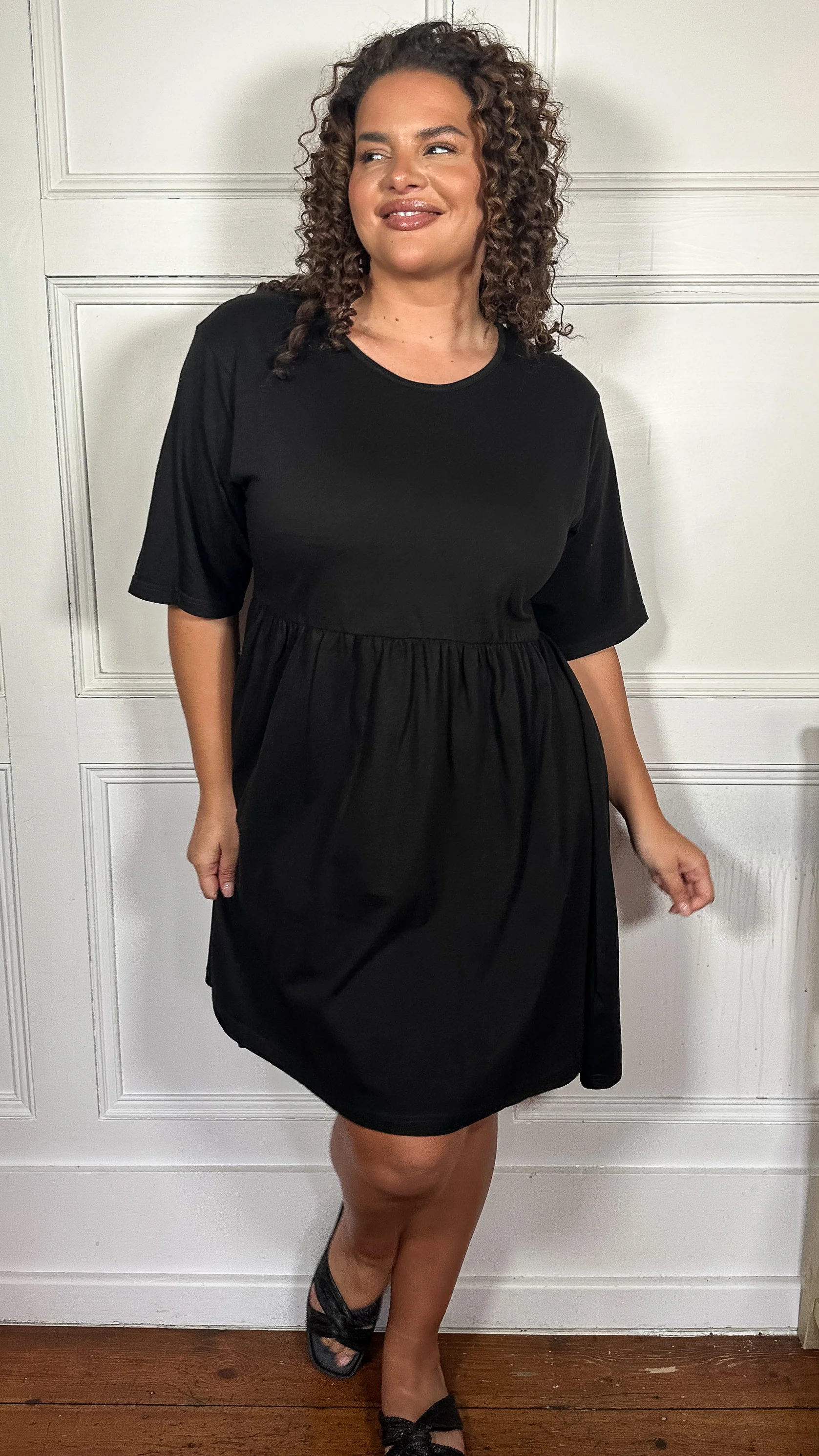 CurveWow Textured Smock Mini Dress Black - Image 5