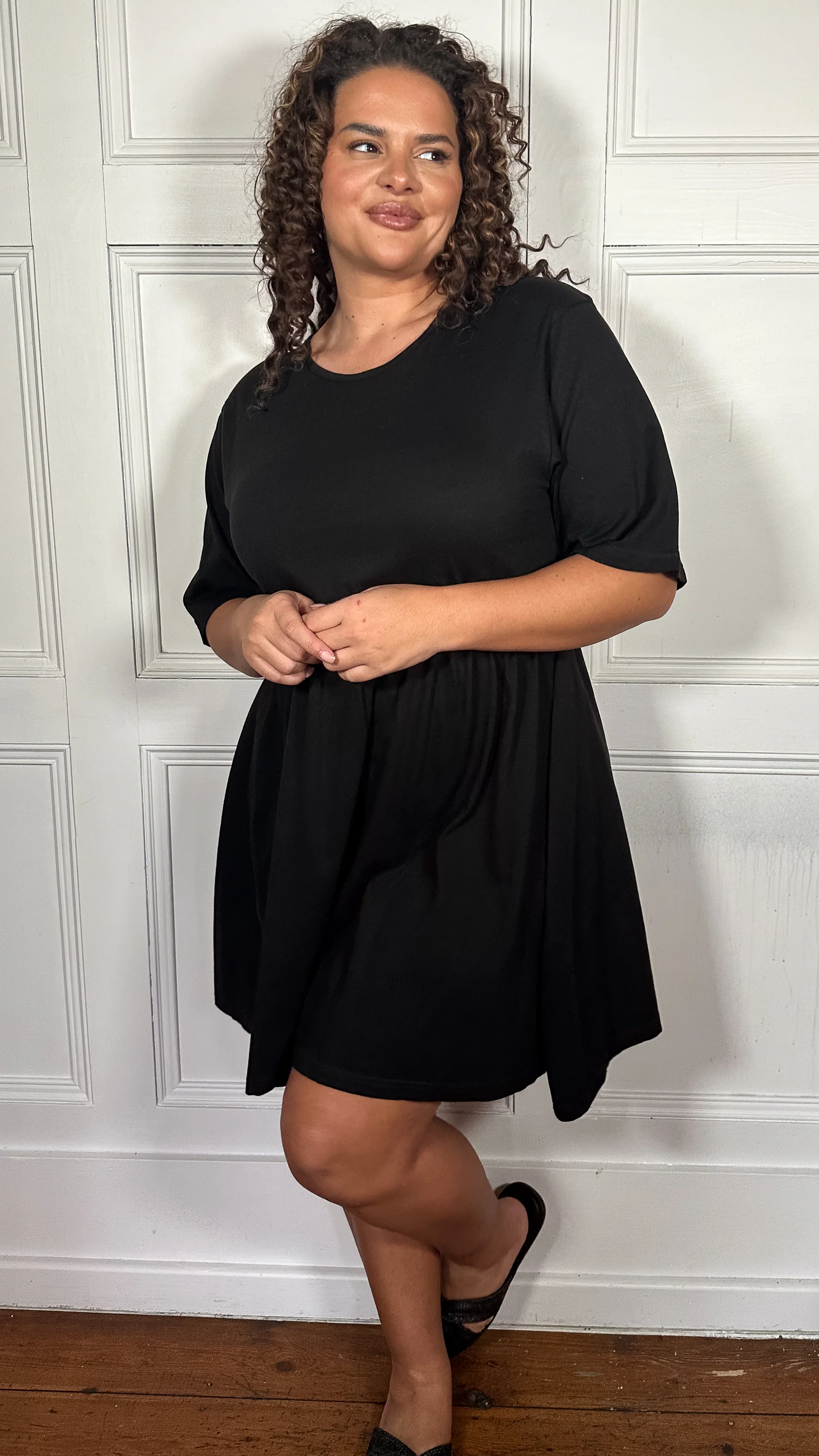 CurveWow Textured Smock Mini Dress Black - Image 6