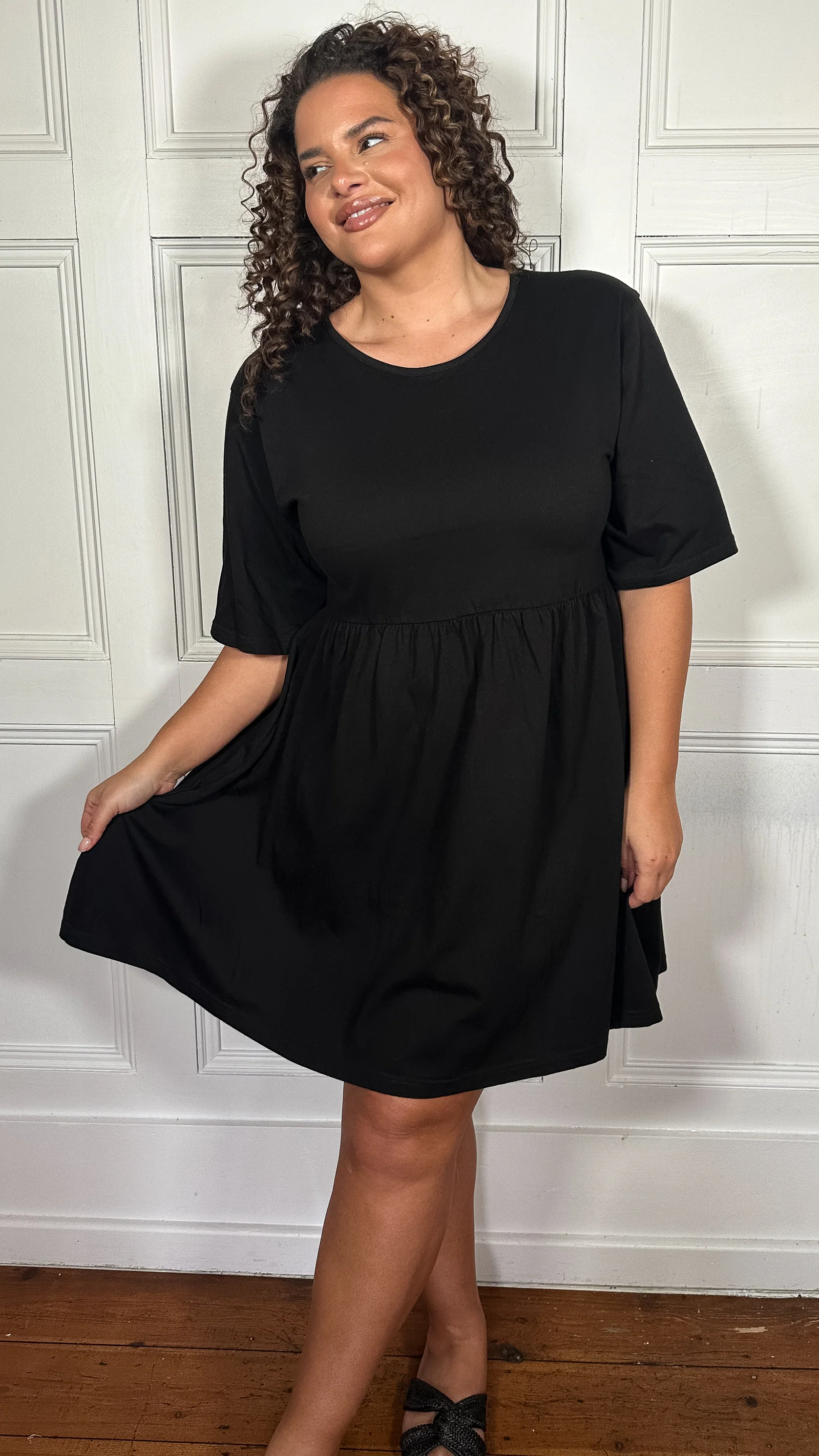 CurveWow Textured Smock Mini Dress Black - Image 7