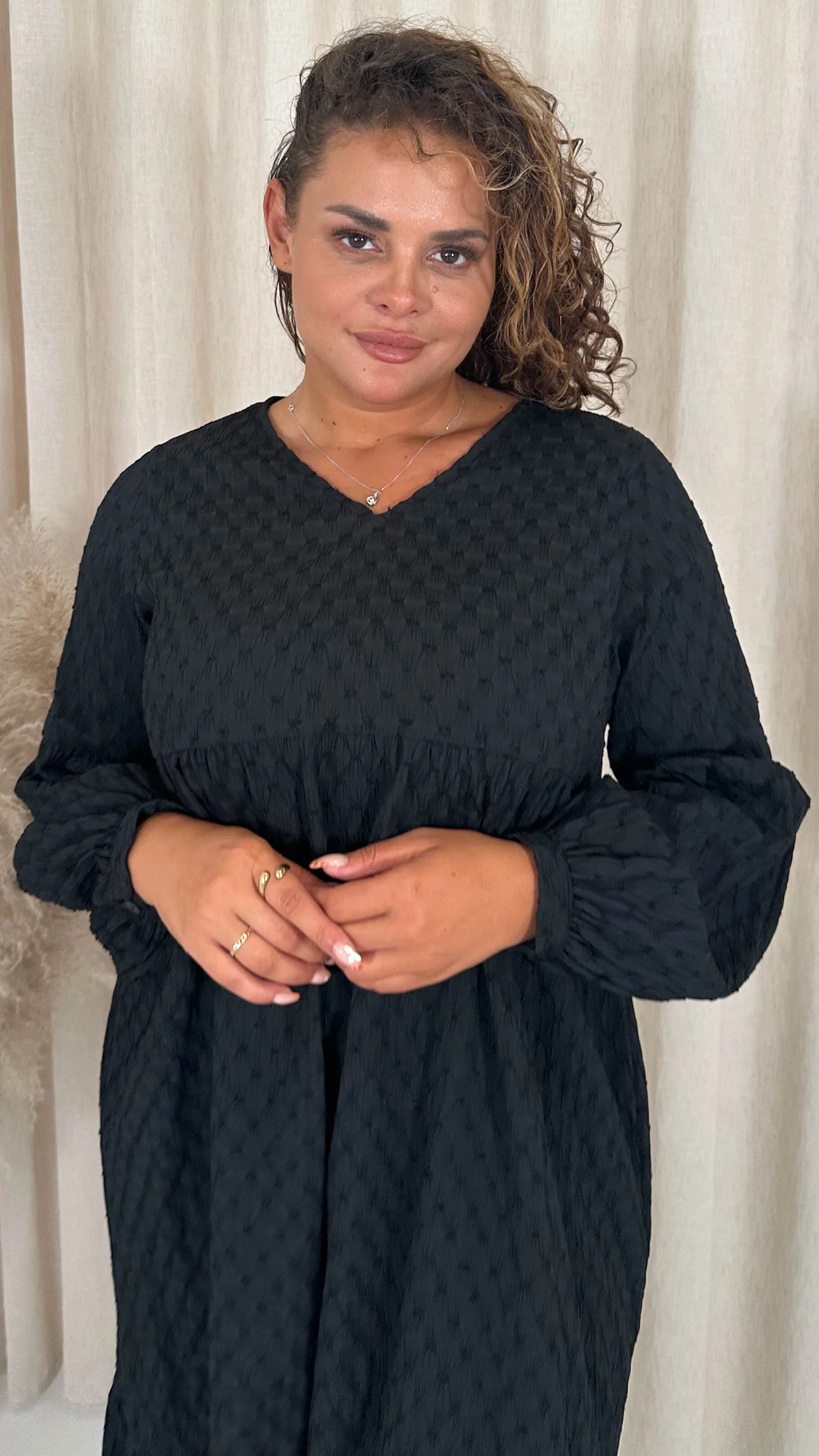 CurveWow Textured V Neck Smock Dress Black - Image 2