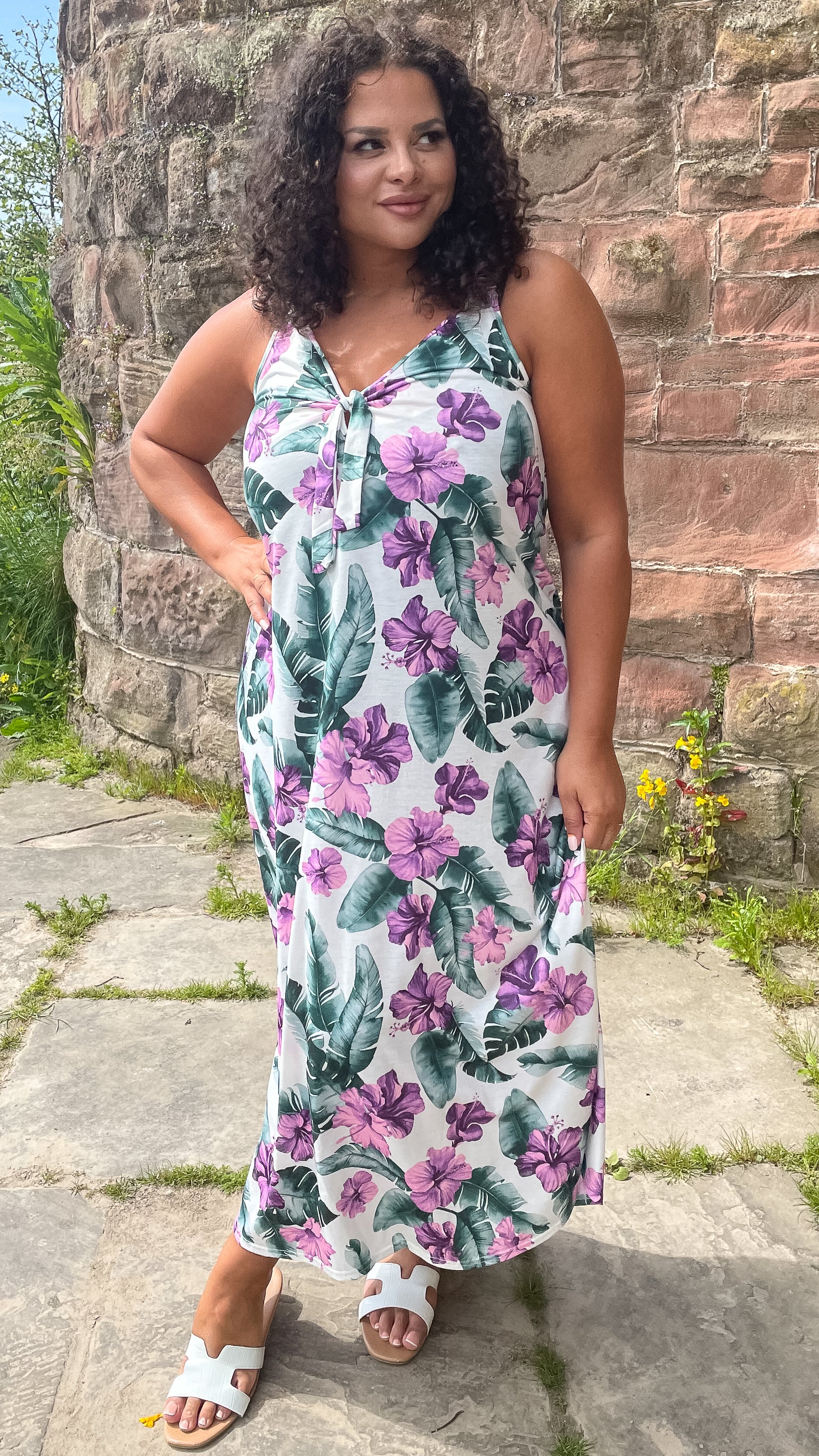 CurveWow Tie Bust Maxi Dress White Purple Floral - Image 2