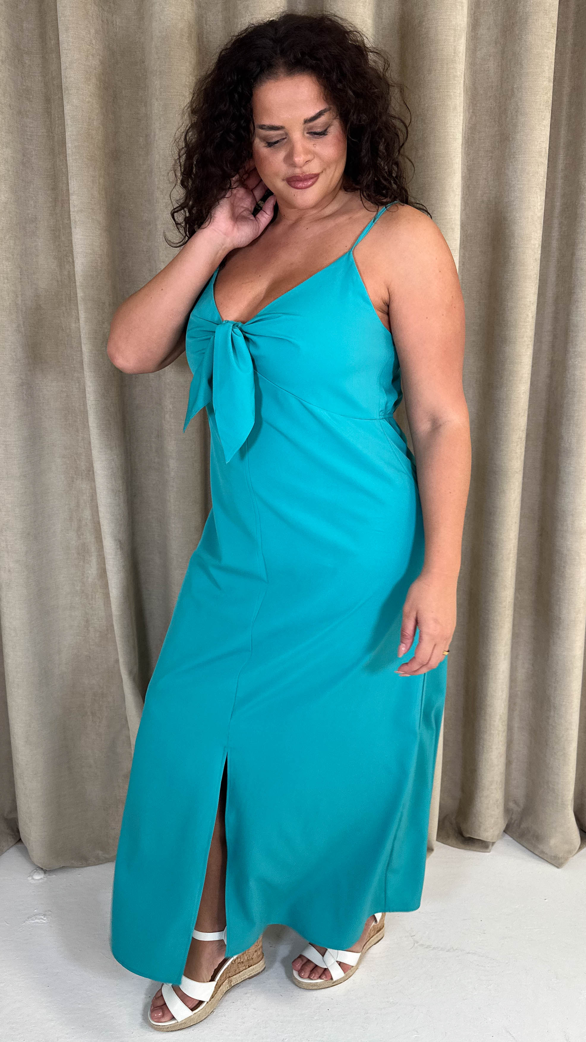 CurveWow Tie Front Cami Maxi Dress Teal - Image 4
