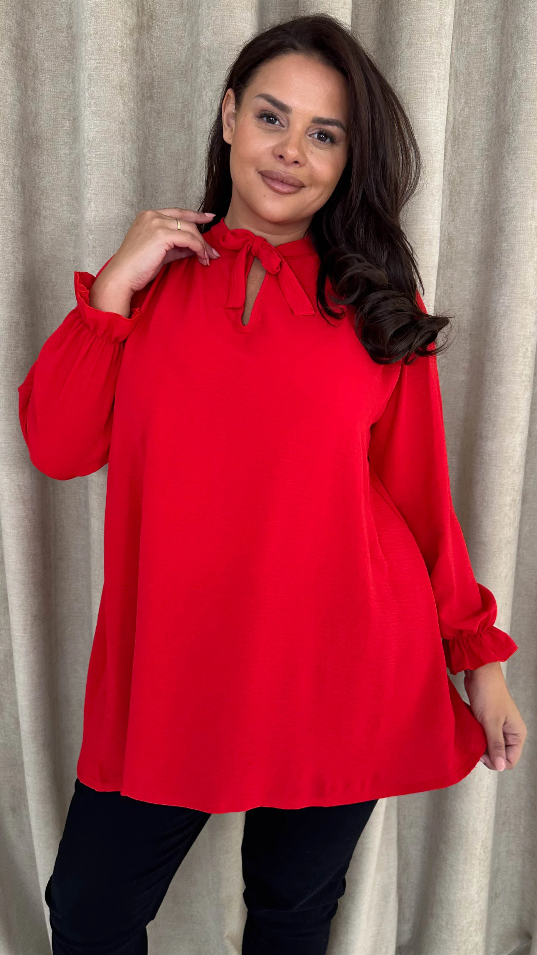 CurveWow Tie Neck Swing Top Red - Image 5