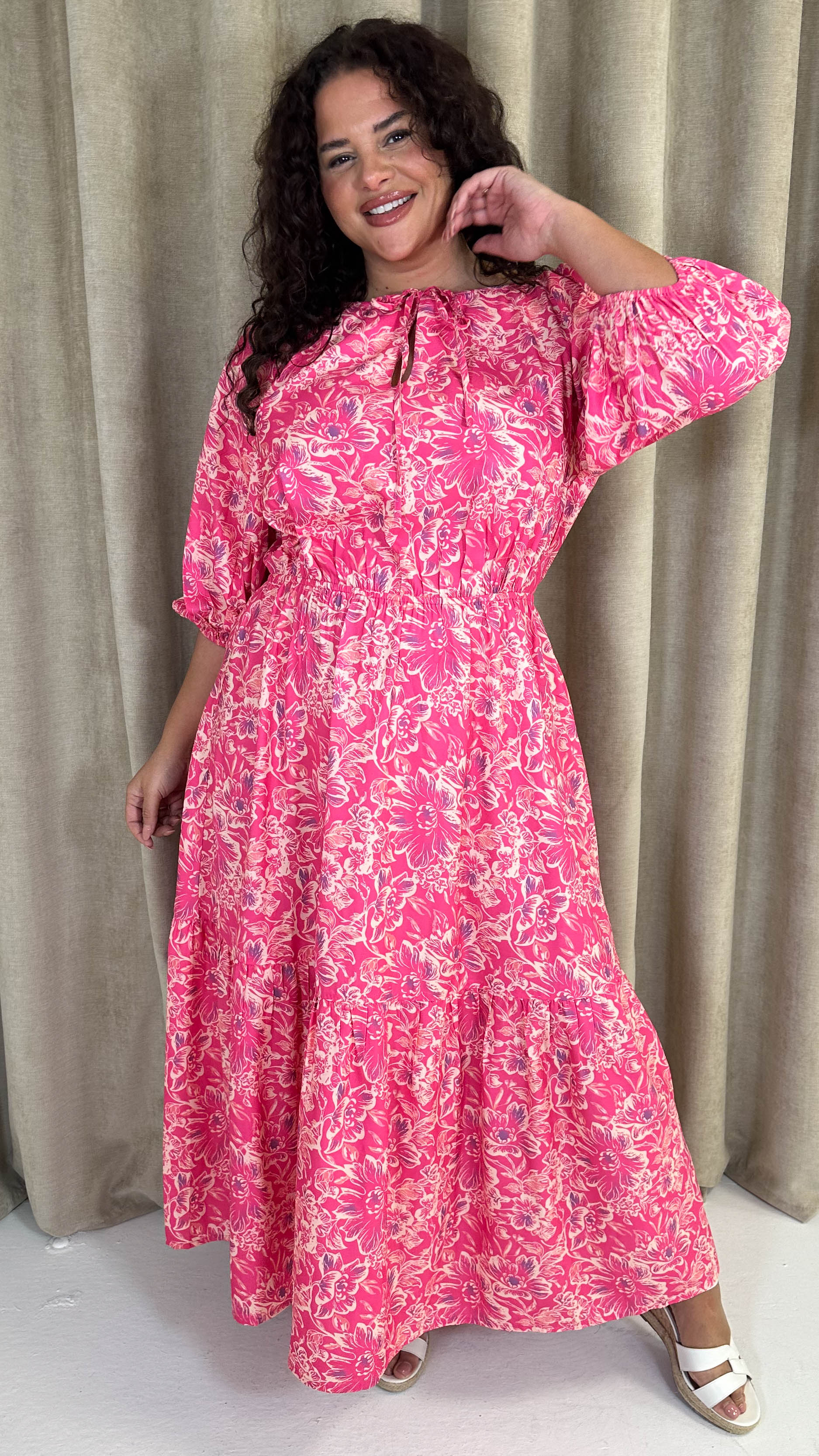 CurveWow Tie Neck Tiered Maxi Dress Pink Floral - Image 4