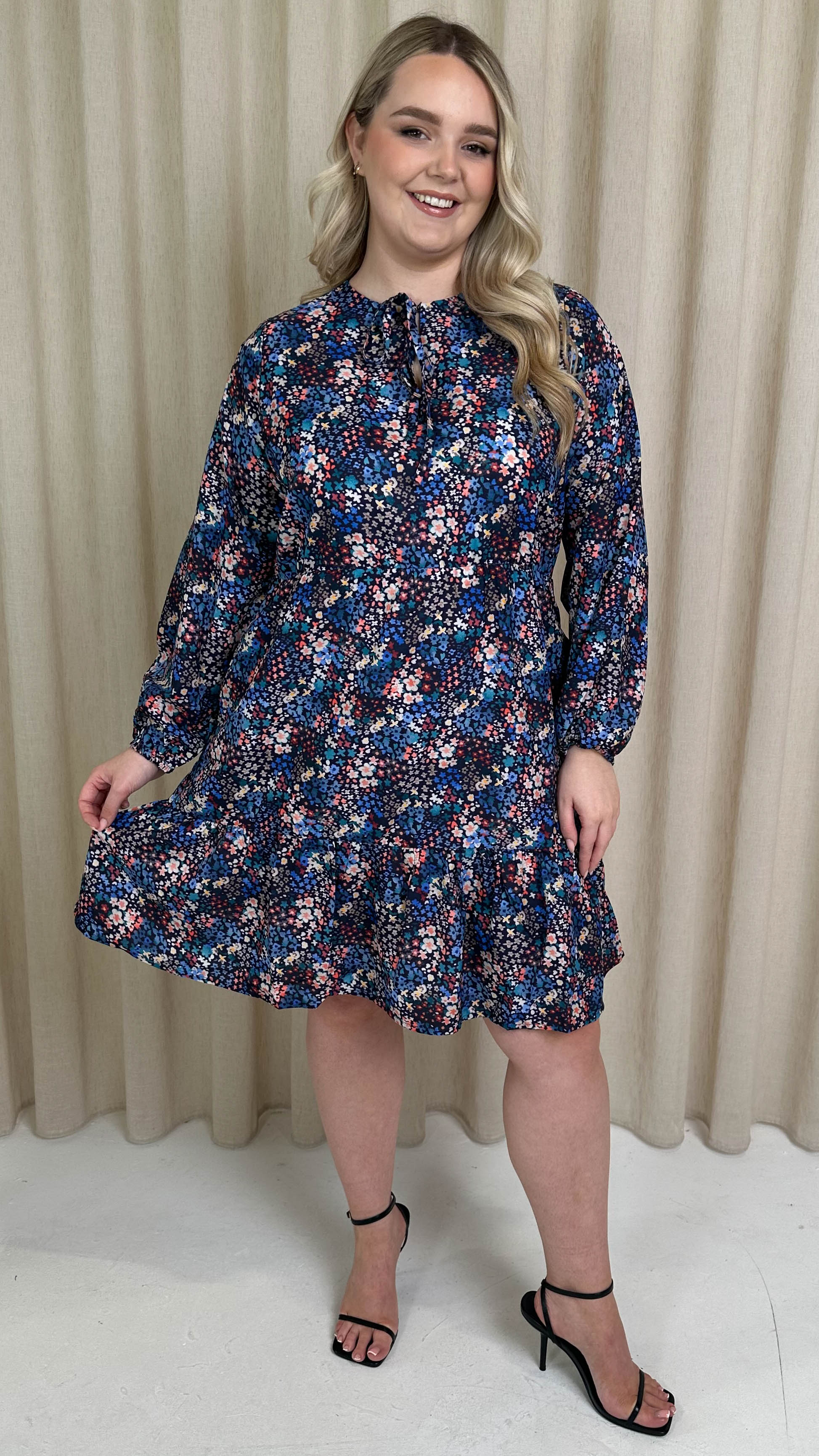 CurveWow Tie Neck Tiered Mini Dress Multi Floral - Image 3