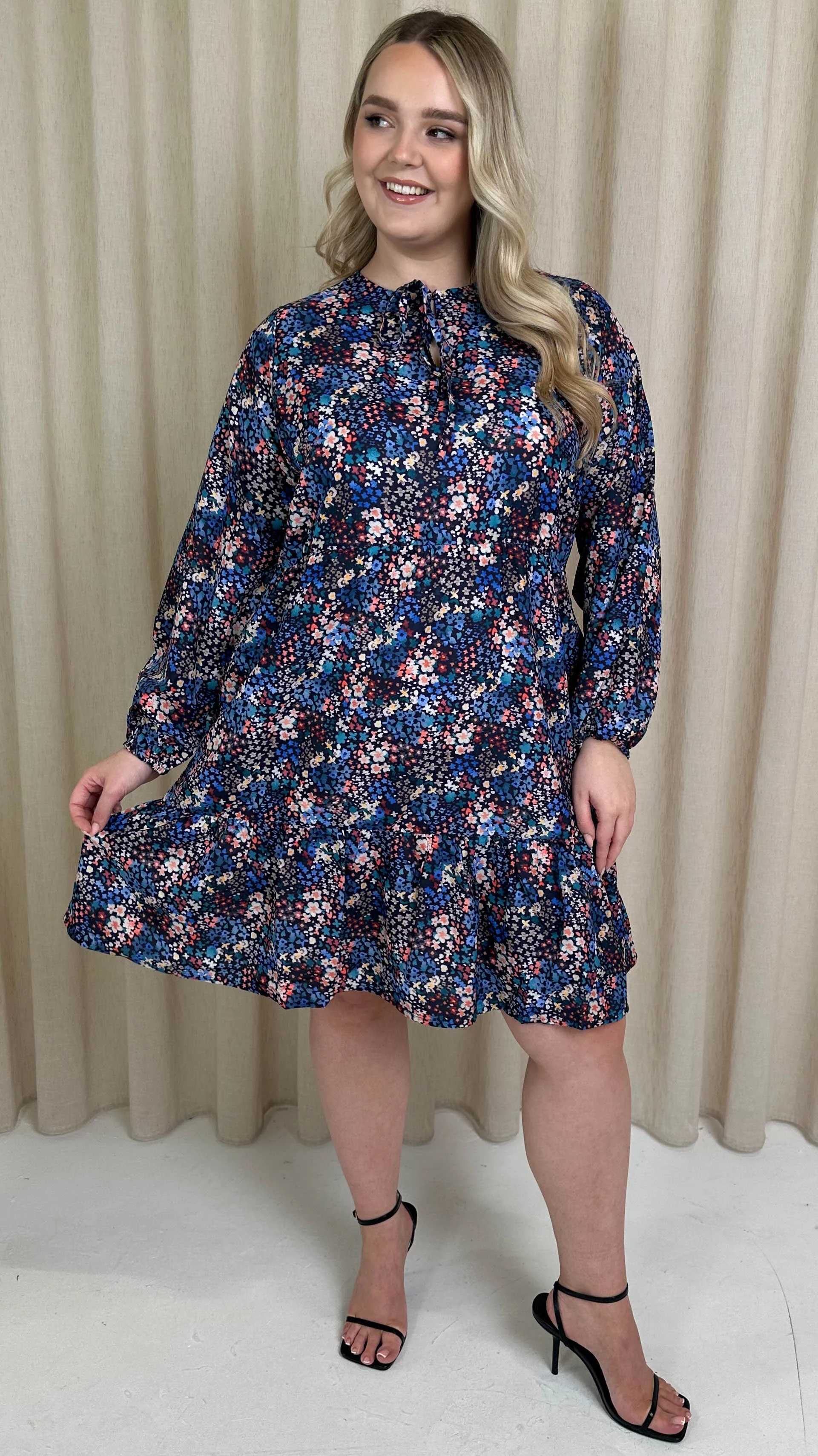 CurveWow Tie Neck Tiered Mini Dress Multi Floral - Image 4
