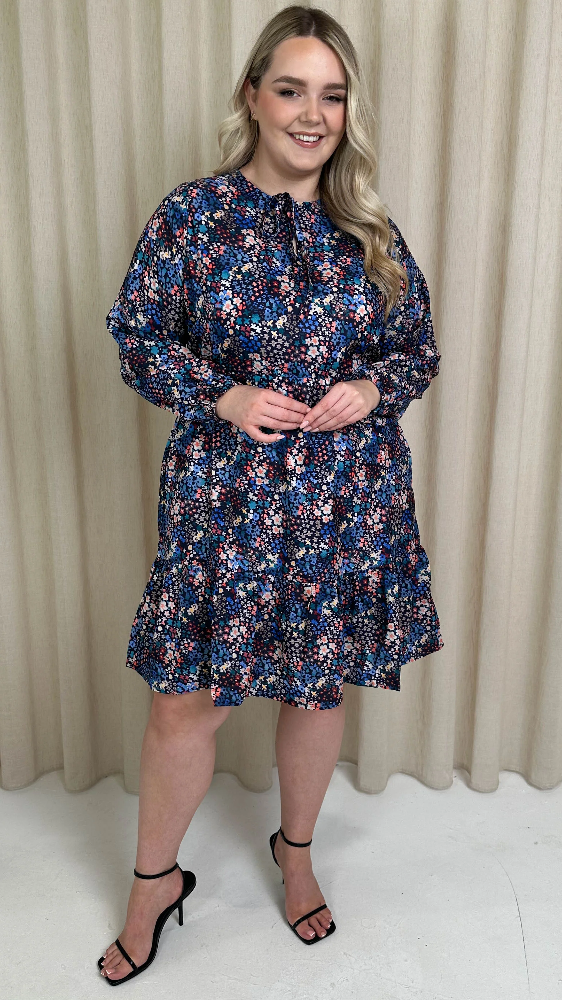 CurveWow Tie Neck Tiered Mini Dress Multi Floral - Image 5