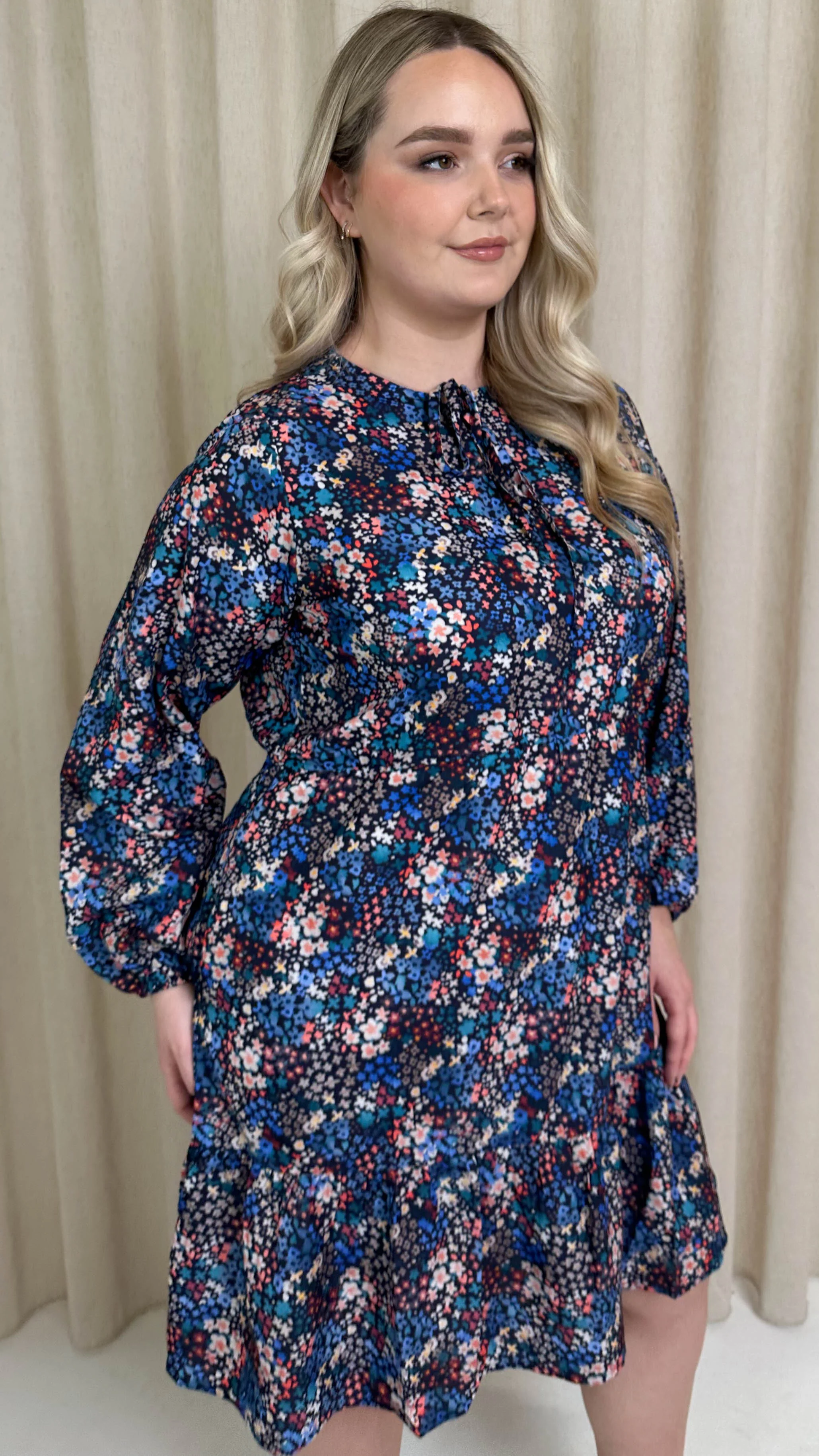 CurveWow Tie Neck Tiered Mini Dress Multi Floral - Image 6