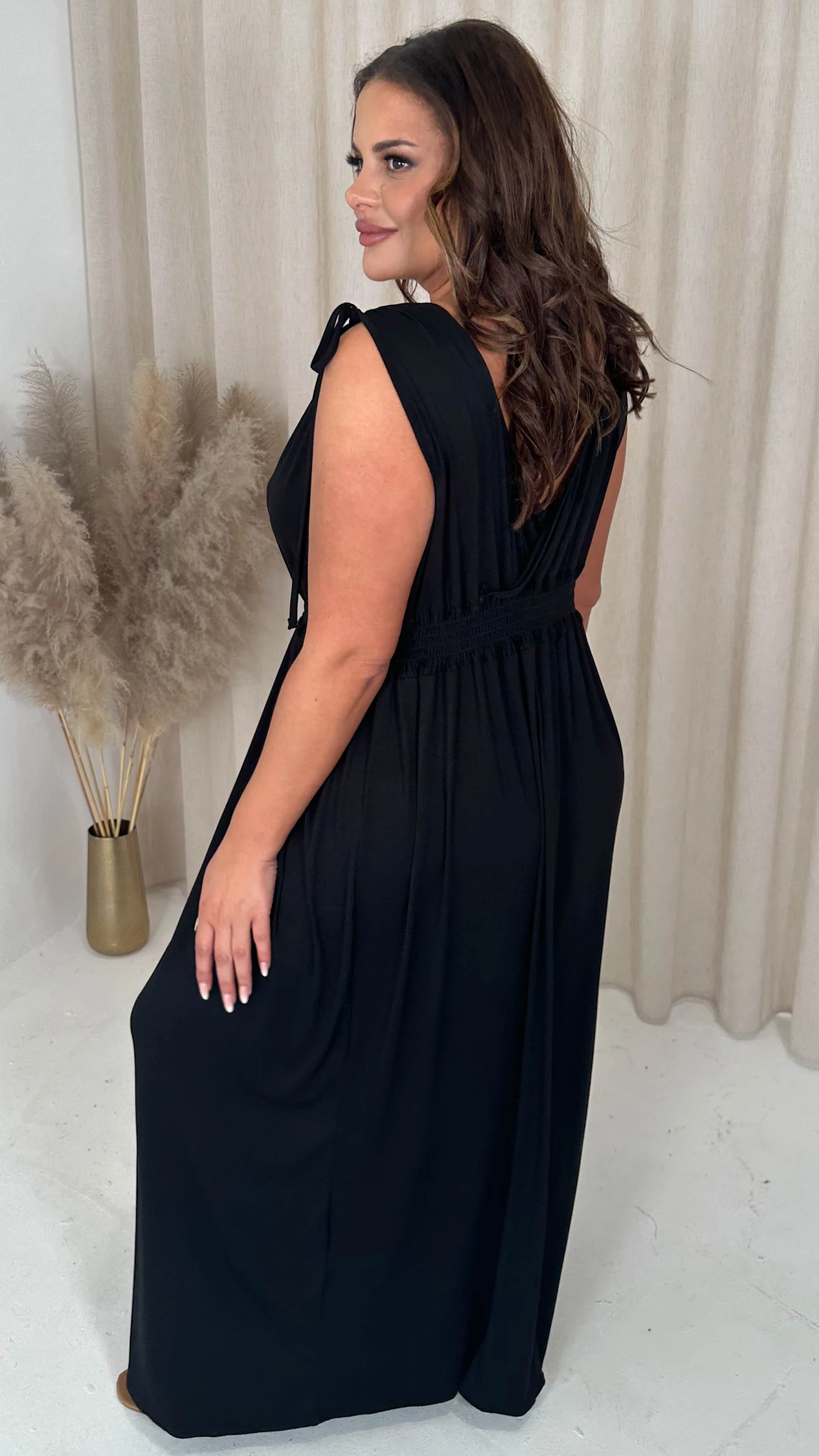 CurveWow Tie Shoulder Shirred Waist Maxi Dress Black - Image 7